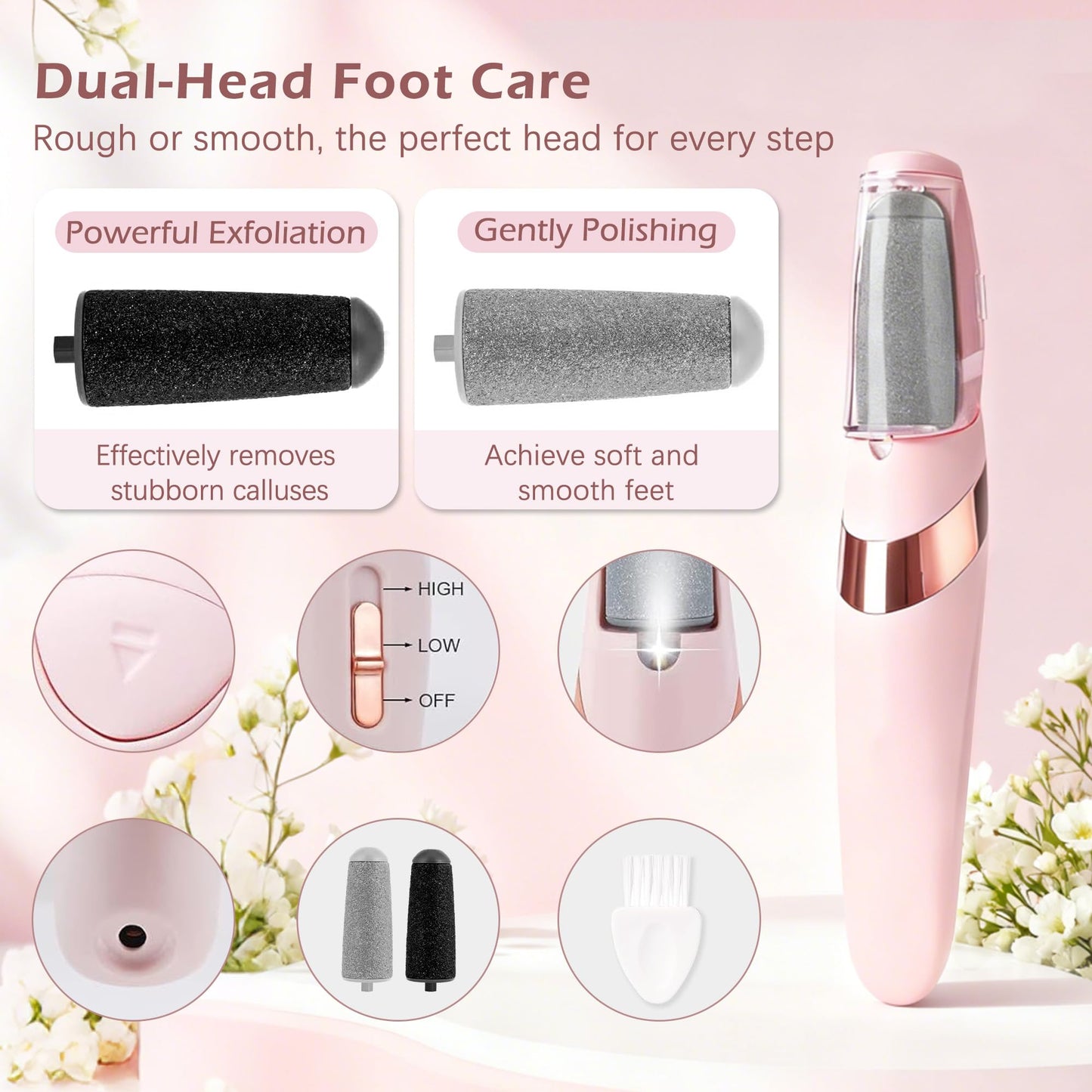IRILEKI Rechargeable Electric Callus Remover for Feet, 2 Gears Foot Callus Remover with 2 Replaceable Rollers, Portable Foot File Callus Remover for Smooth Heels at Home or Travel (Pink)
