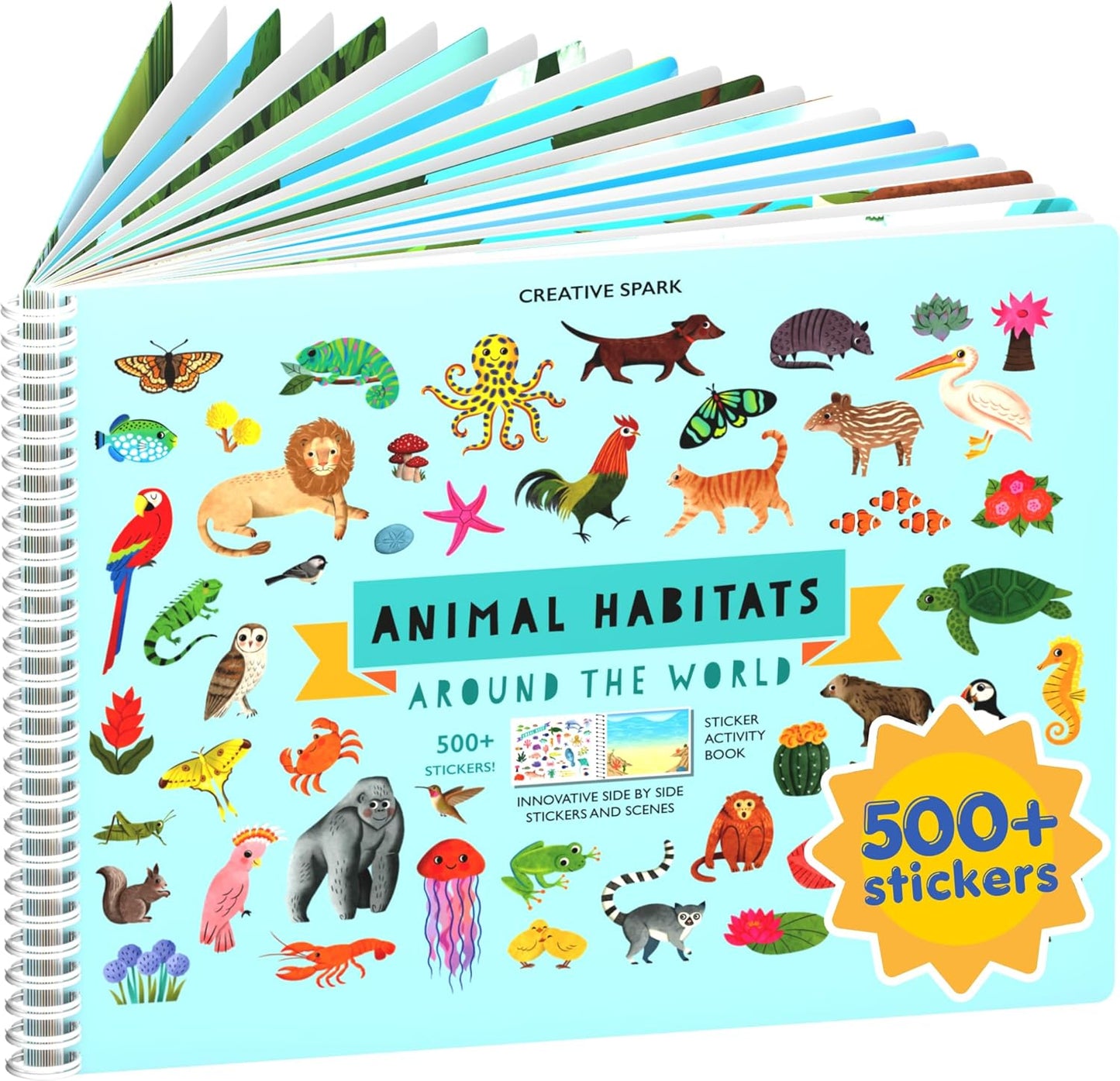 Animals Habitat Sticker Book for Kids - 500+ Stickers, 12 Coloring Pages & Scenes | Travel Activity for Ages 2-8