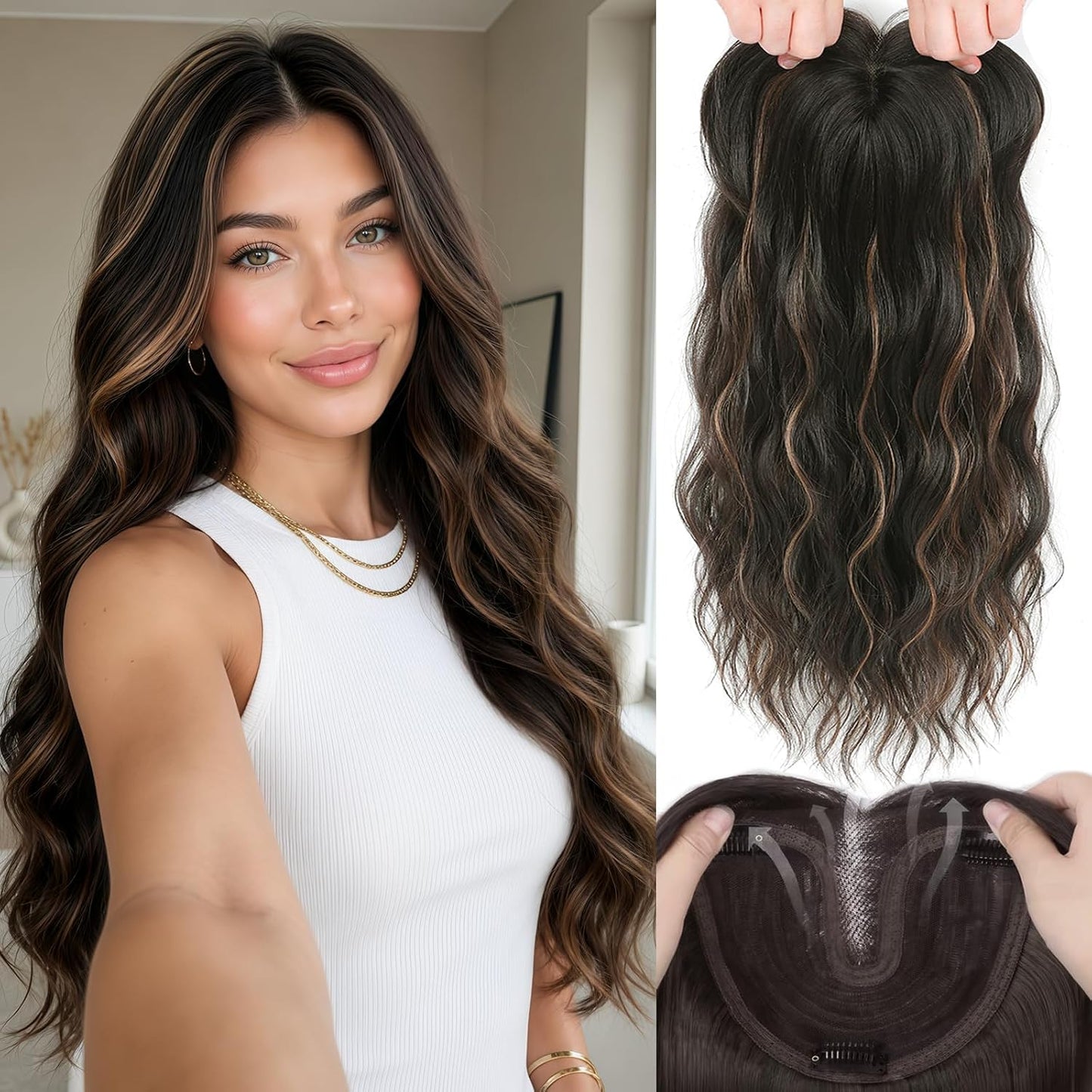 16 Inch Hair Topper for Women - Synthetic Curly Wavy Clip-In with Wispy Bangs | Auburn Brown Natural Volume