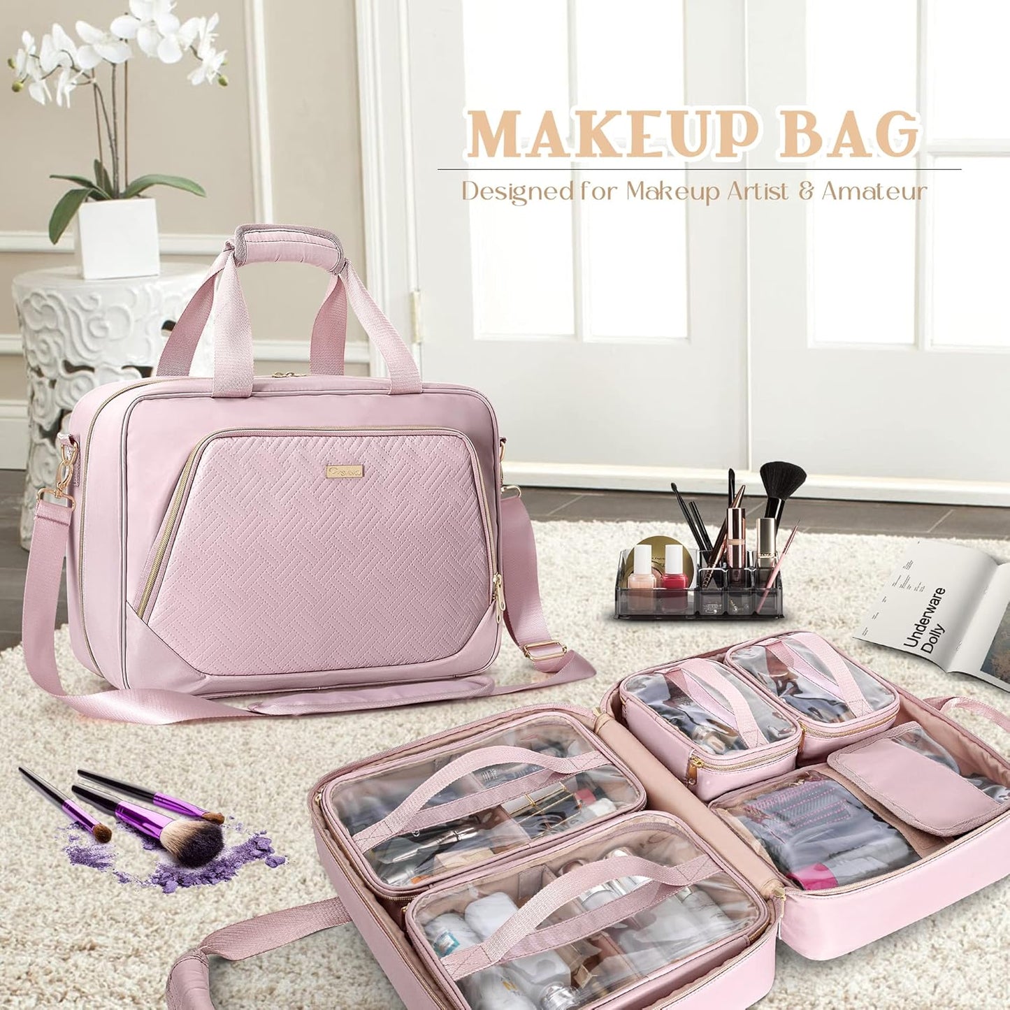 Professional Makeup Artist Travel Case - Large Organizer with 4 Detachable Bags | Pink Makeup Storage Solution