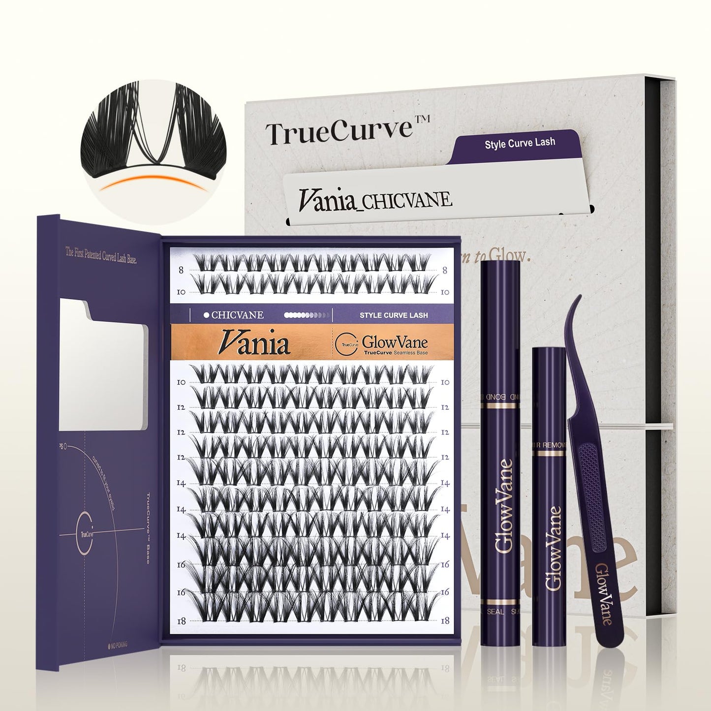 GlowVane TrueCurve Lash Clusters Kit, Soft Natural Look Eyelash Clusters for All-Day Comfort, 0.03mm Wispy D Curl Lashes, 8-18mm Lightweight Curved Band Lashes, Use-Friendly (Vania Kit)