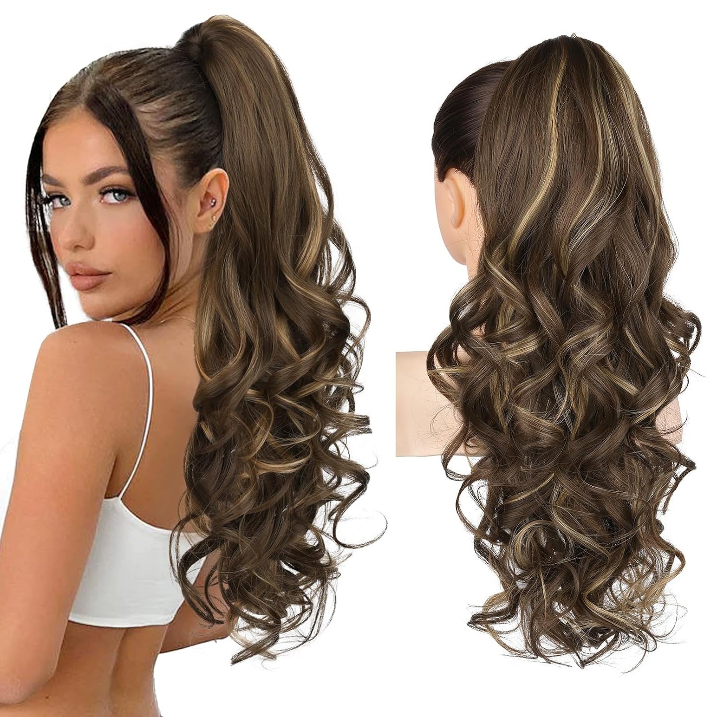 Ponytail Extension - 24" Claw Clip In Long Curly Wavy Hairpiece | Medium Blonde with Highlights