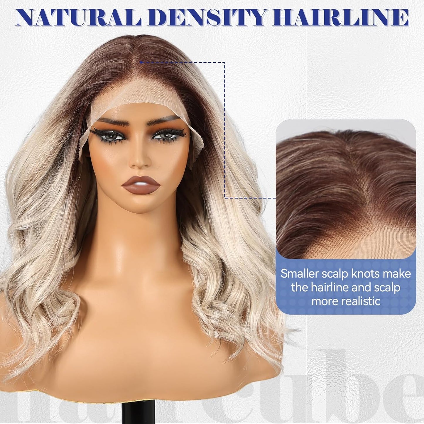 HAIRCUBE 13x6 HD Synthetic Lace Front Wig - 16 Inch Ombre Ash Blonde Curly Hair with Adjustable Cap & Natural Density Hairline
