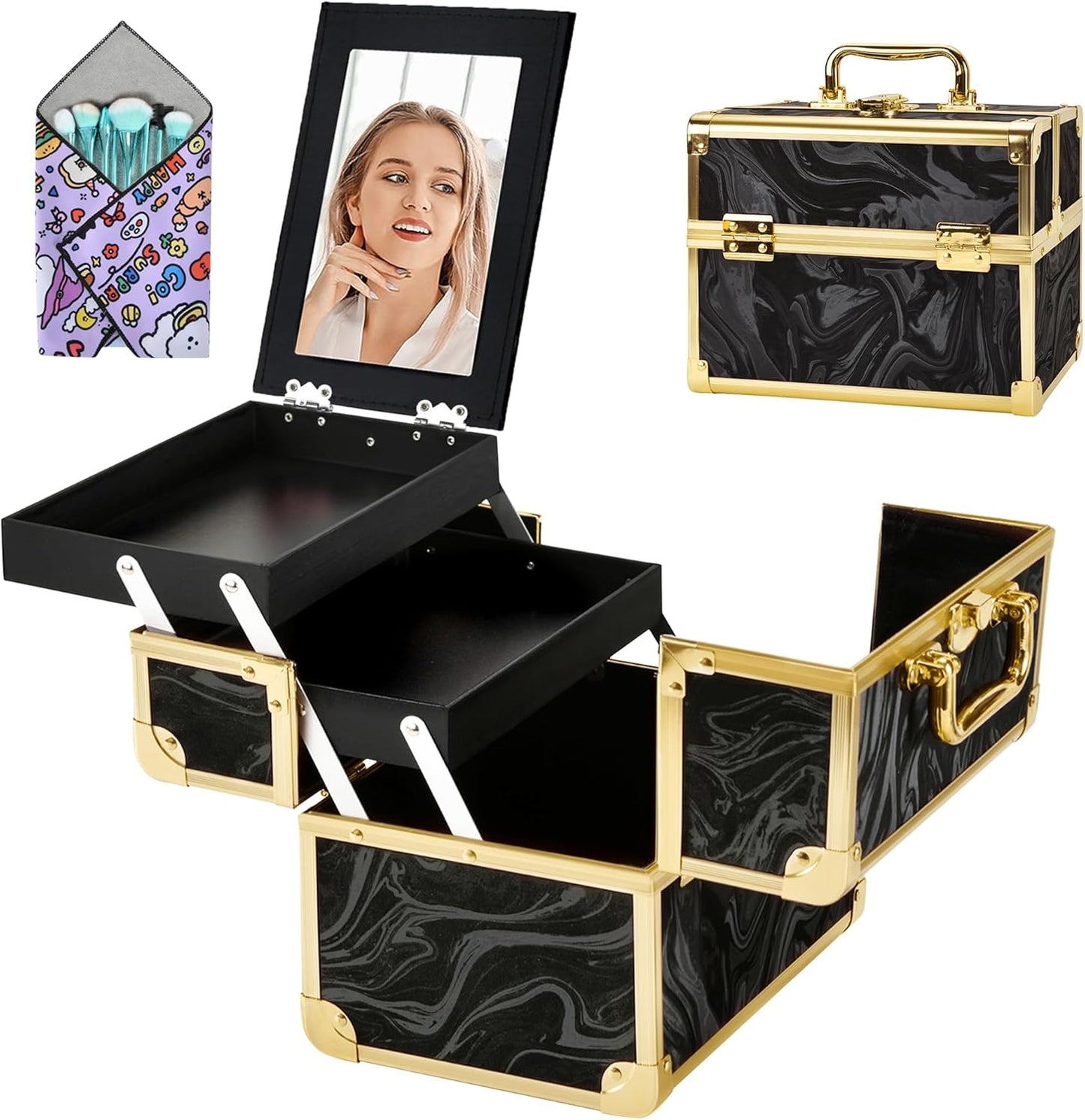 Portable Makeup Train Case - 2-Tray Cosmetic Organizer with Mirror | Travel Makeup Box in Rose Gold & Black