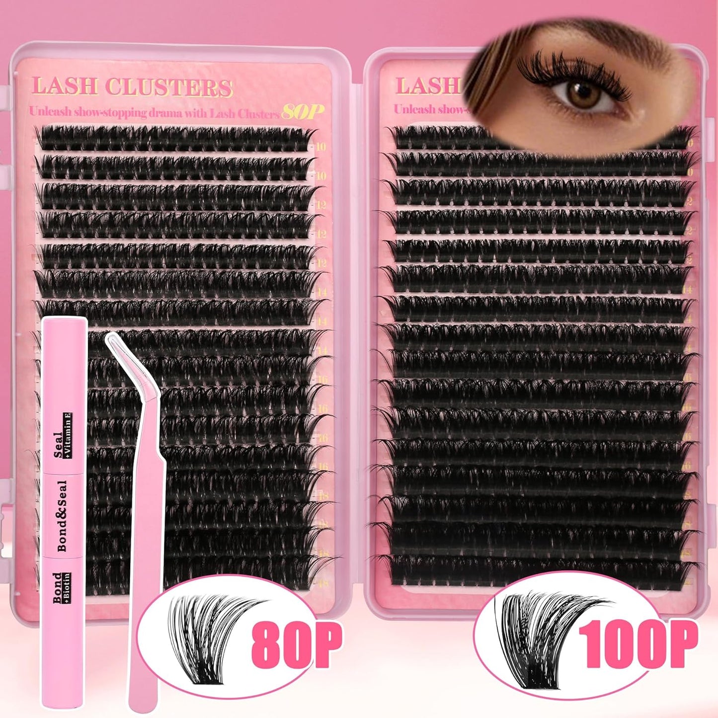 Lash Extension Kit - 640 Pcs Volume C Curl Eyelash Clusters | DIY Cluster Extensions with Bond & Tweezers