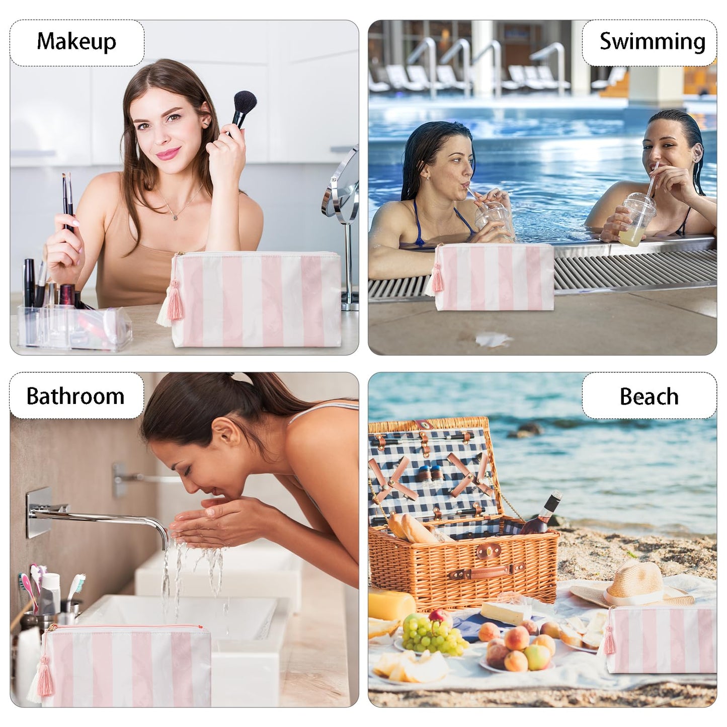 DYSHAYEN Makeup Bags for Purse,Small Clear Coated Cosmetic Bags for Women Girls, Waterproof Travel Organizer Zipper Pouch Beach Vacation Essentials (White-Pink)