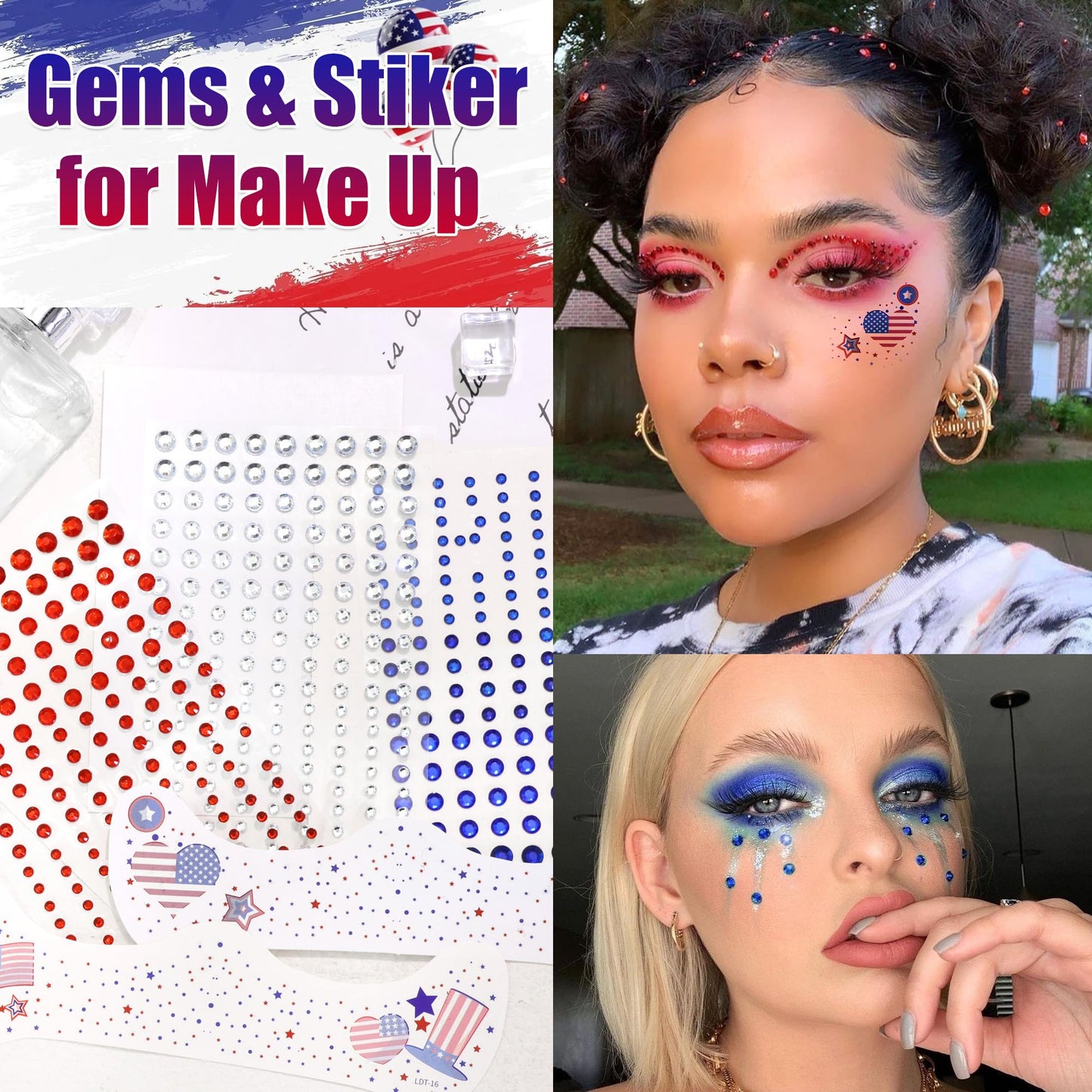 RODAKY Blue Red Face Gems 4th of July Temporary Tattoos Sticker Mixed Size Rhinestones Gems Sparkle Patches for Festival Make Up Women Girls
