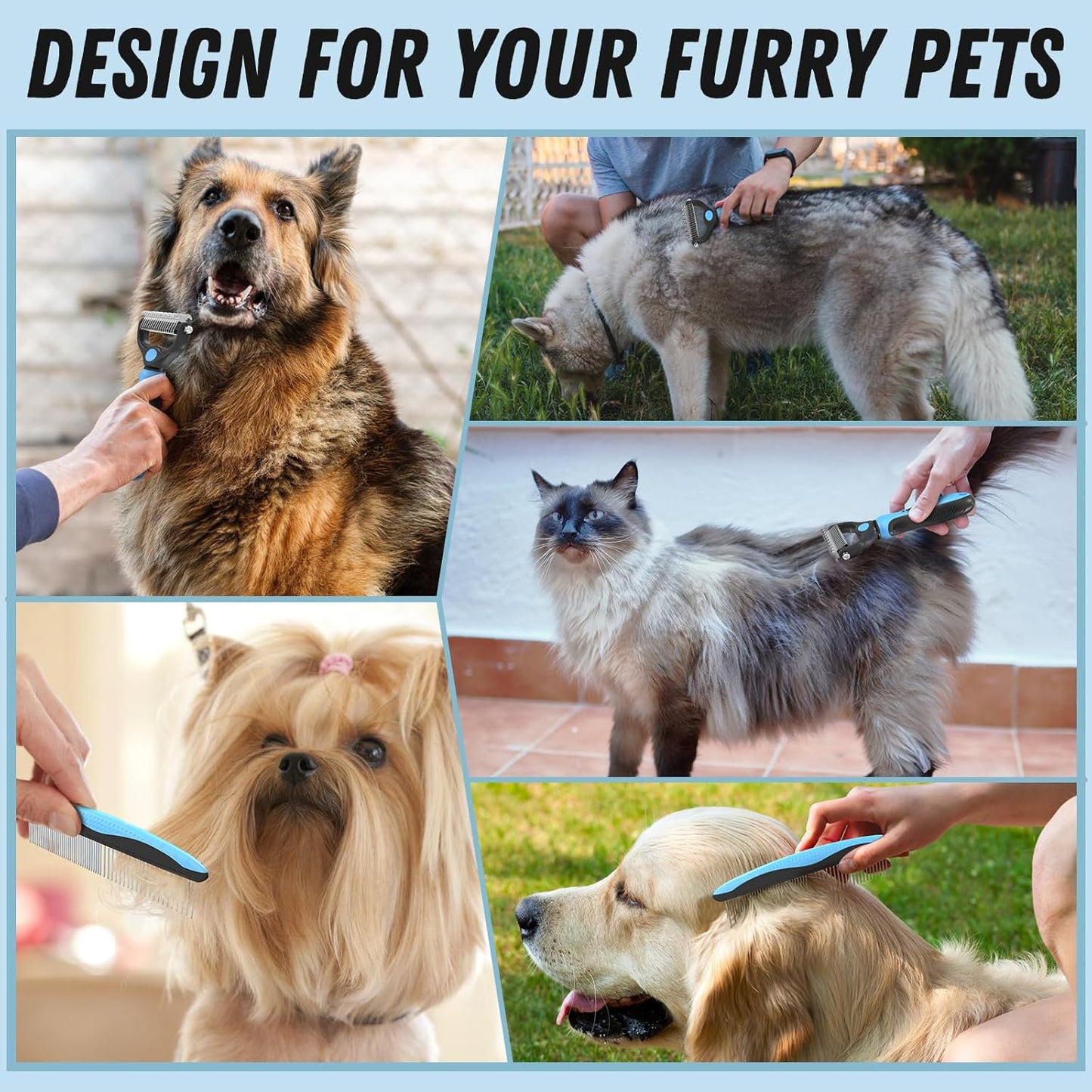 Pet Grooming Combo - Blue Deshedding Brush & Metal Comb for Detangling Long Matted Fur | Ideal for Cats & Dogs