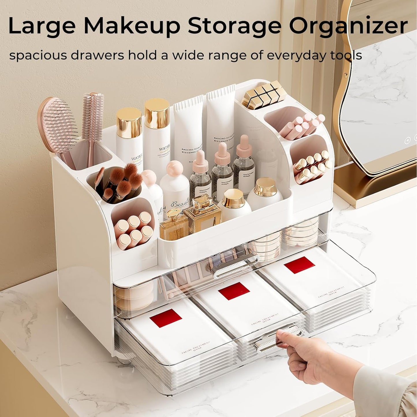 Makeup Organizer for Vanity - 2 Large Drawers & Brush Holders | White Cosmetic Display Case for Skincare & Perfume