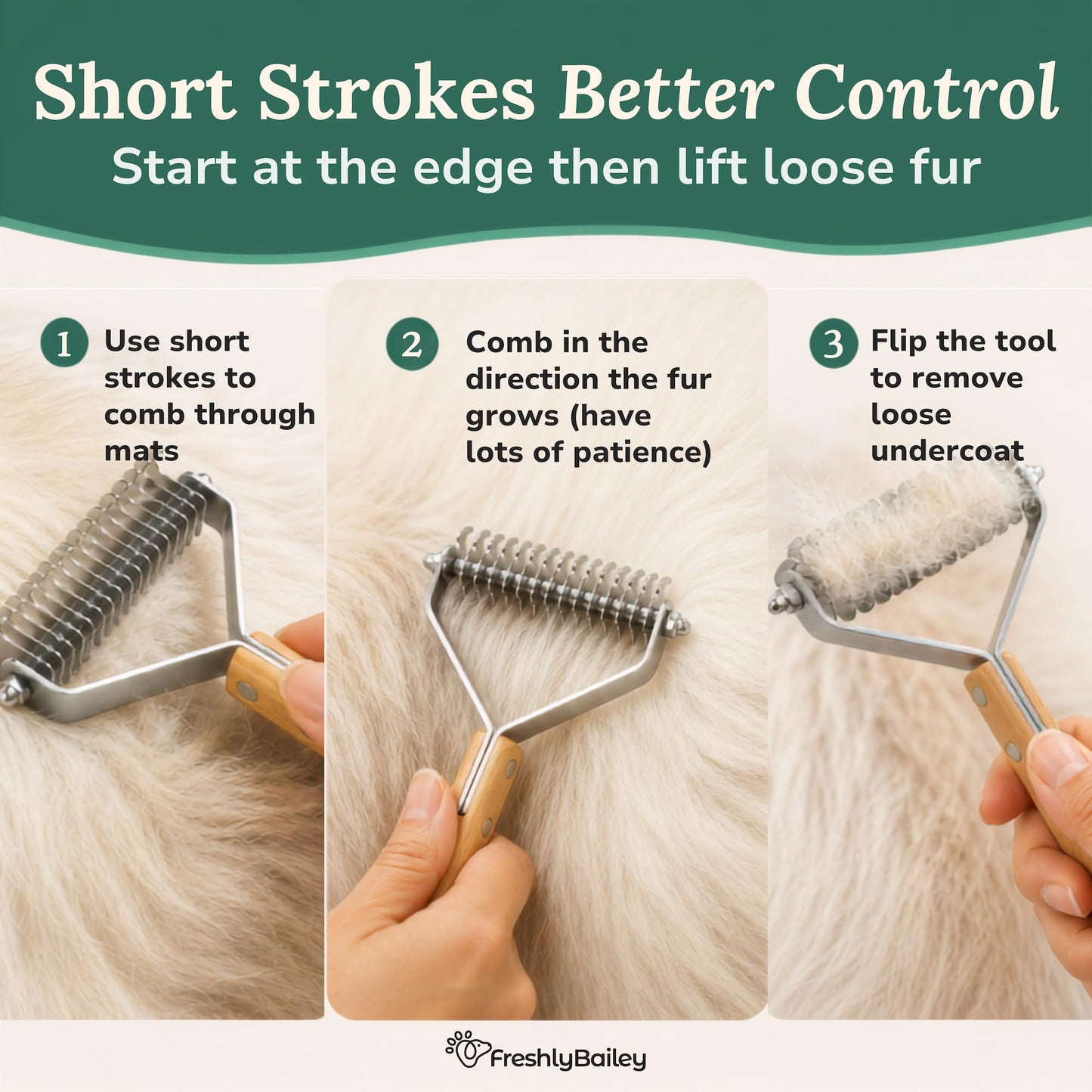 Freshly Bailey Dematting Comb for Cats and Dogs, Mat Remover and Deshedding Grooming Tool, Safe Detangler for Matted Fur, Double Sided Undercoat Rake