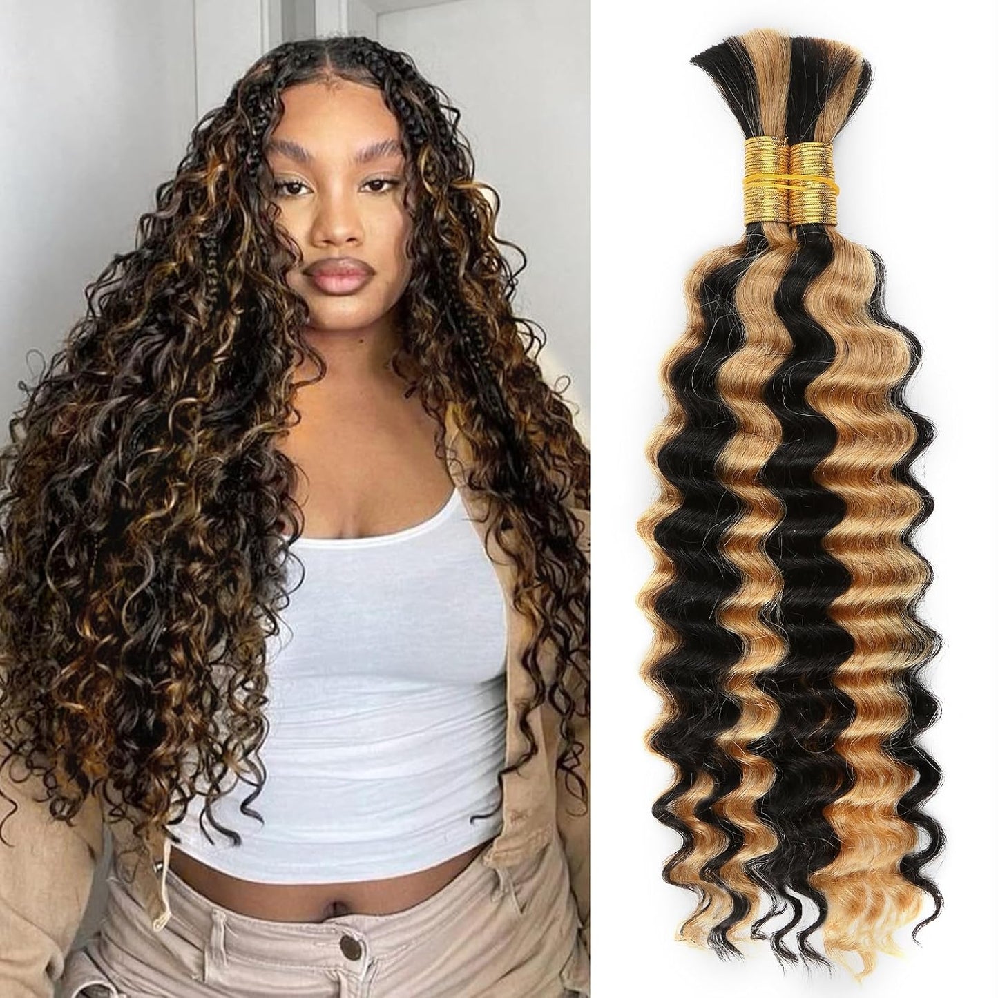Human Braiding Hair - 14 Inch Ombre Highlight Deep Wave Bulk Extensions | Curly Bundles for Knotless Braids (4/27)