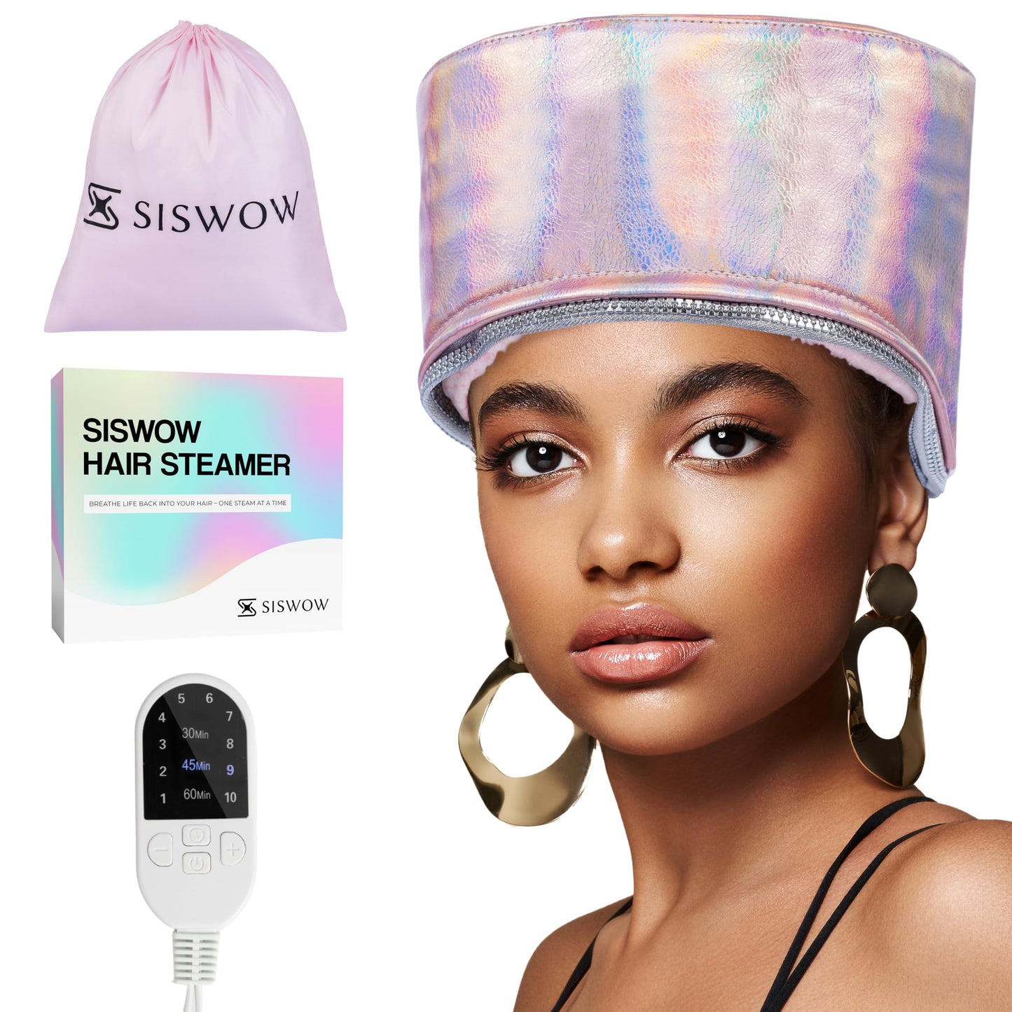 SISWOW Heat Cap for Deep Conditioning w/10-level Heats Up Quickly, Hair Steamer for Natural Black Hair Home Use - Thermal Heat Cap for Treatment, Great for Deep Conditioner - Portable, Waterproof