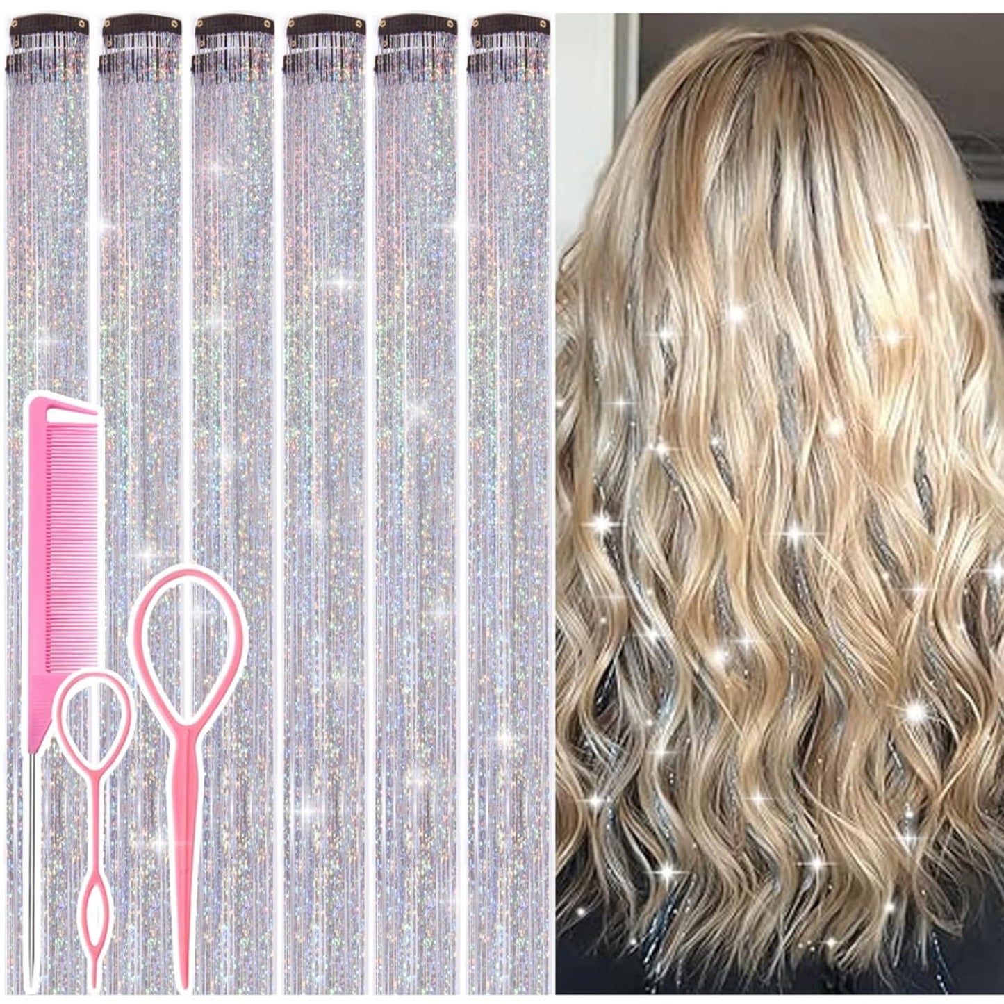 Hair Tinsel Kit - 12 Pcs 24 Inch Gold Glitter Clip-In Hair Extensions for Girls & Women | Perfect for Christmas & New Year Parties