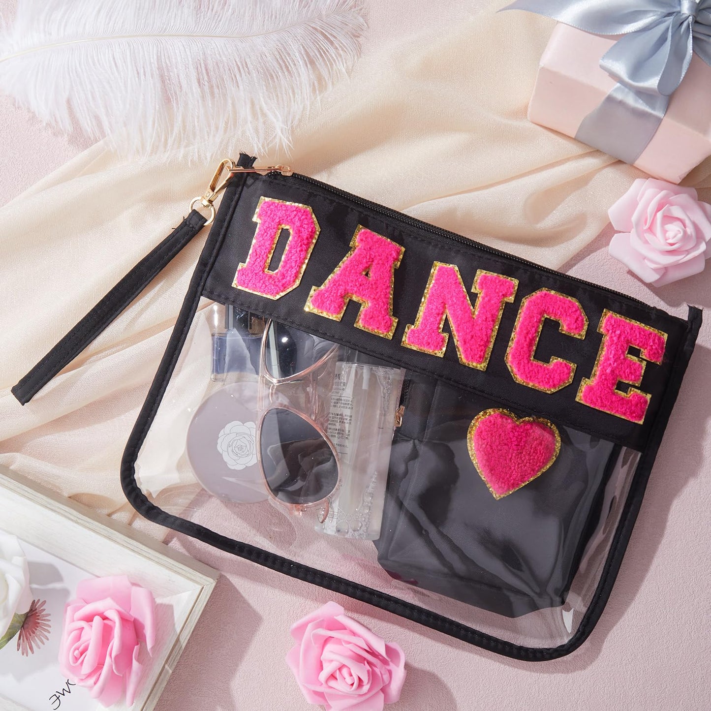 Hillban 2 Pcs Dance Recital Gifts Makeup Bags Chenille Letter Bags for Dance Team Gifts PVC Clear Cheer Case Toiletry Zipper Pouch for Women Ballet Competition Accessories Dancer Stuff