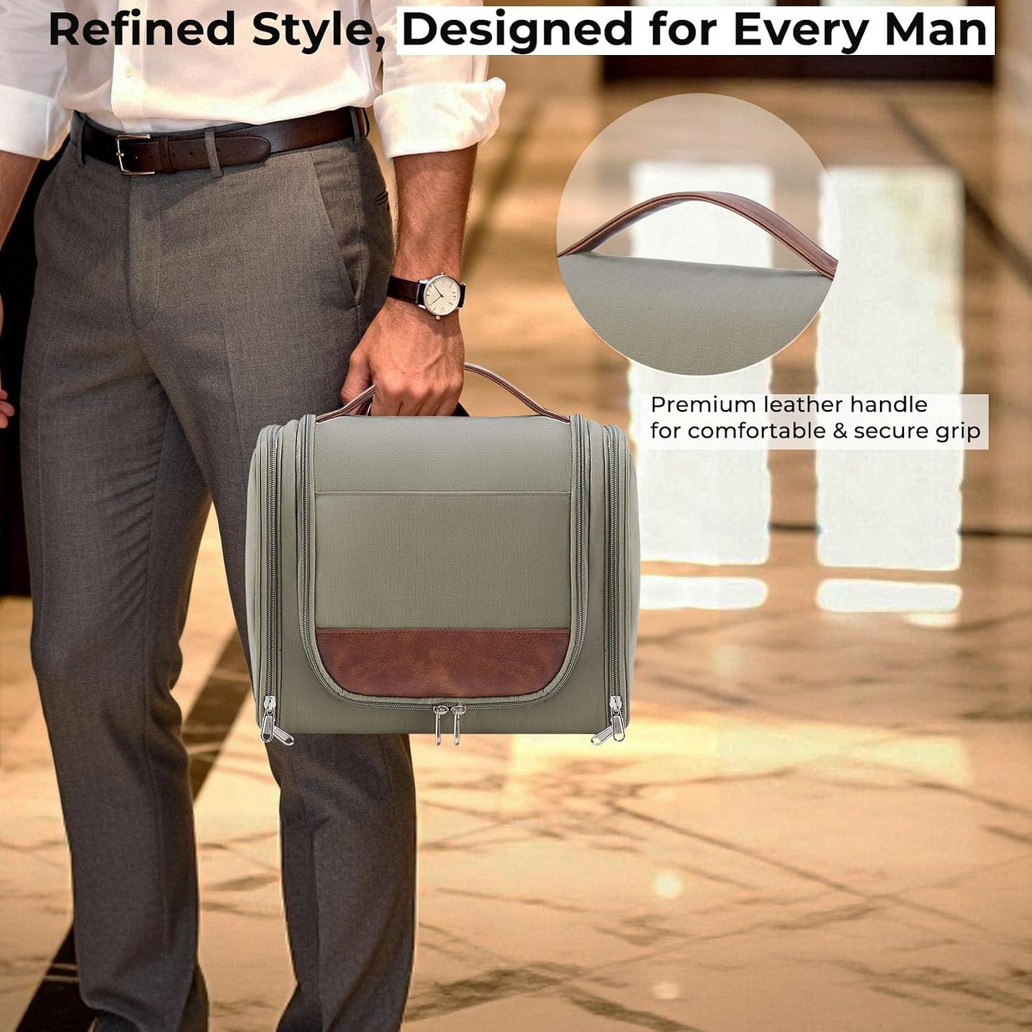 Large Hanging Toiletry Bag for Men - Travel Bathroom Organizer with Hook | Green Hygiene & Grooming Essentials