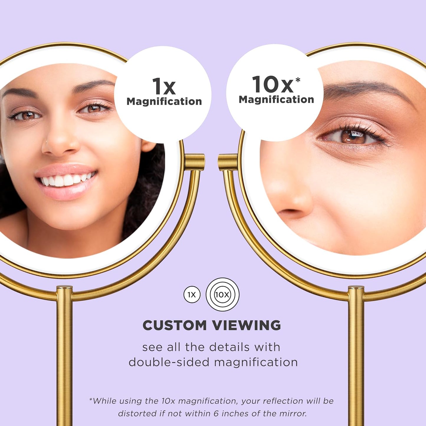 Conair Lighted Makeup Mirror - Double-Sided LED Vanity Mirror with 1X/10X Magnification & 3 Light Settings | Brushed Brass Finish