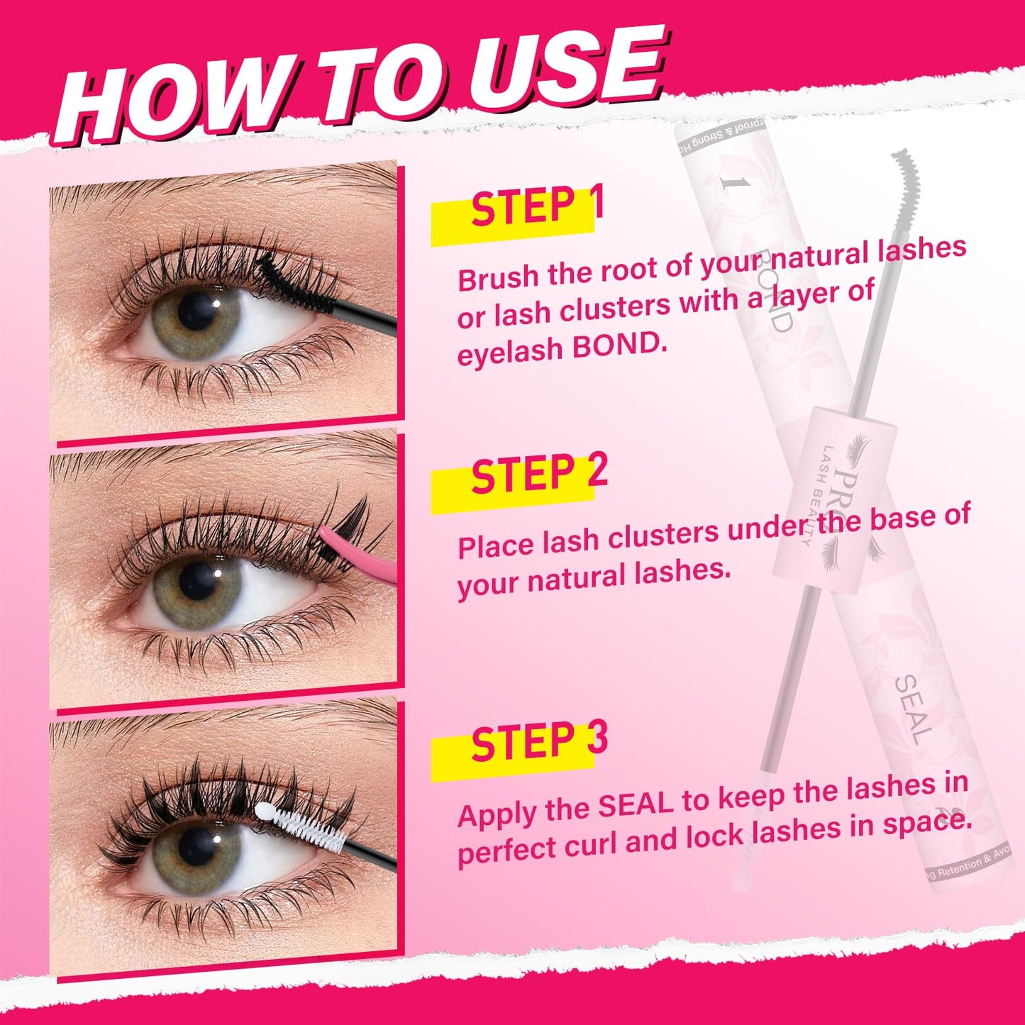 PROLASHBEAUTY Lash Cluster Glue Upgraded 2 in 1 Black Lash Bond and Seal Lash Glue for Eyelash Clusters Waterproof Strong Hold Eyelash Glue Long-Lasting 7-10 Days (10ml, Black Bond & Clear Seal)