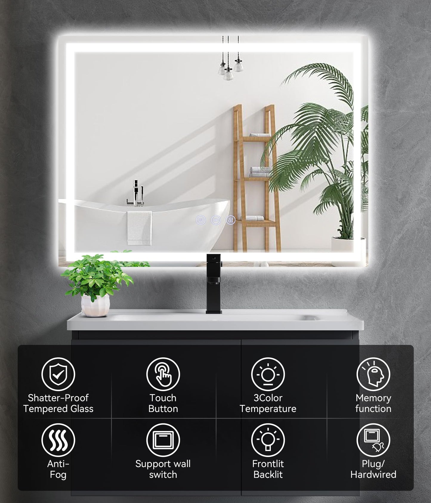 GAVIVOL 28x20 inches LED Bathroom Mirror Anti Fog Adjustable Brightness Backlit Front Lit Lighting Wall Mounted Vanity Mirror with Memory Function Shatter-Proof Tempered Glass Lighted Mirror