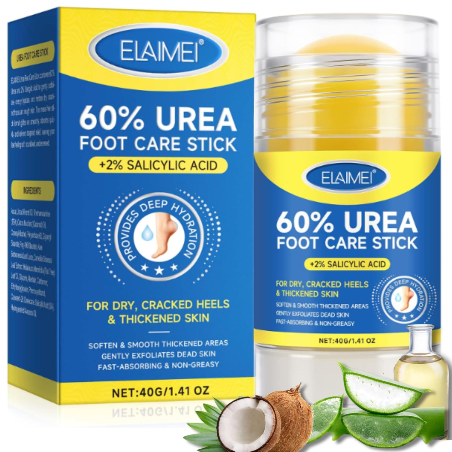 60% Urea Cream Stick with 2% Salicylic Acid, Maximum Strength Urea Foot Cream for Dry Cracked Heels & Feet, Callus Remover, Heel Balm, Fast Absorbing Moisturizer for Rough Hands, Knees & Elbows 1.41oz