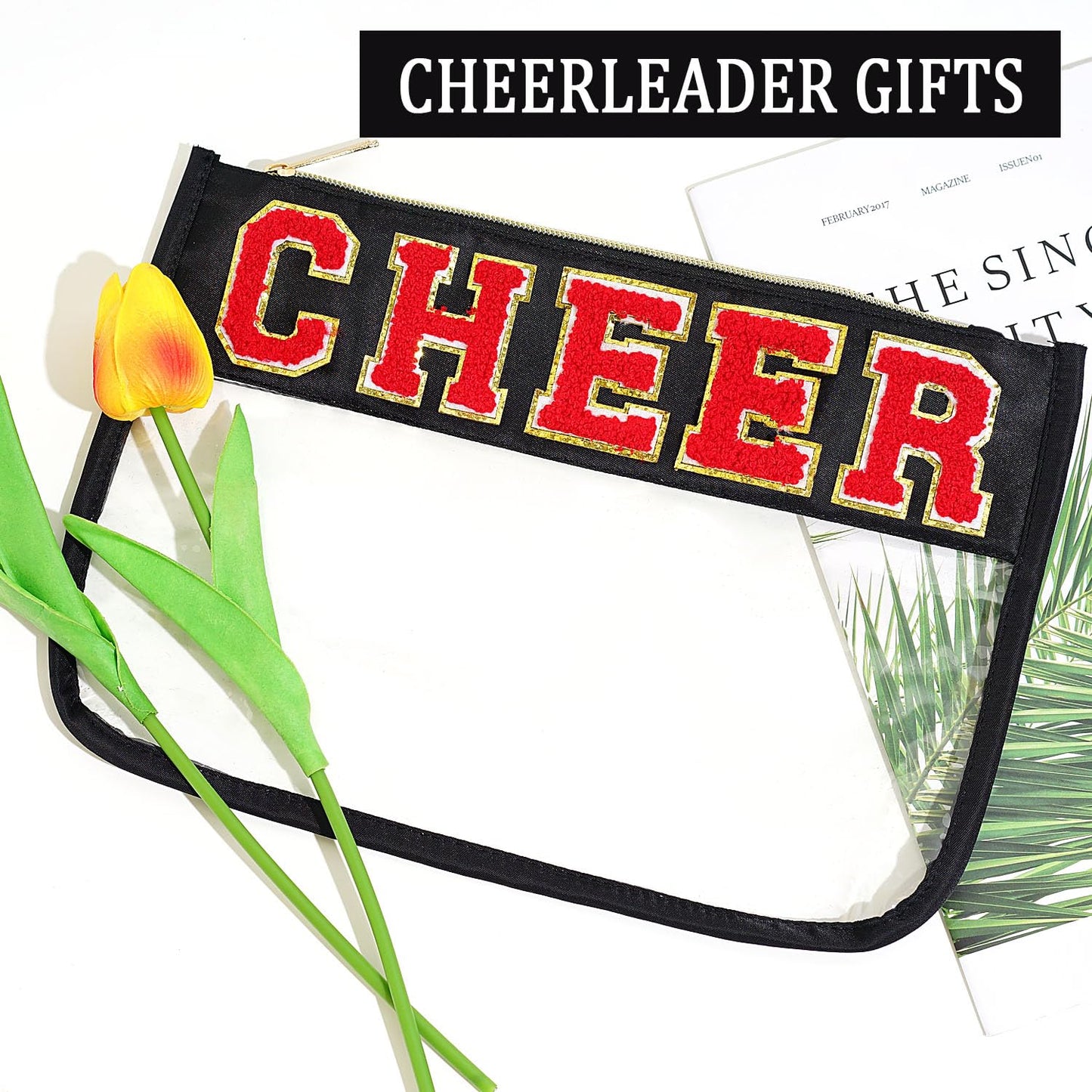 Jeffan 1 Pieces Black Cheer Gifts Chenille Letter Cheer Bags Patch Makeup Bag Flat Clear Pouch Cheerleading Gifts for Girls Cheer Teams