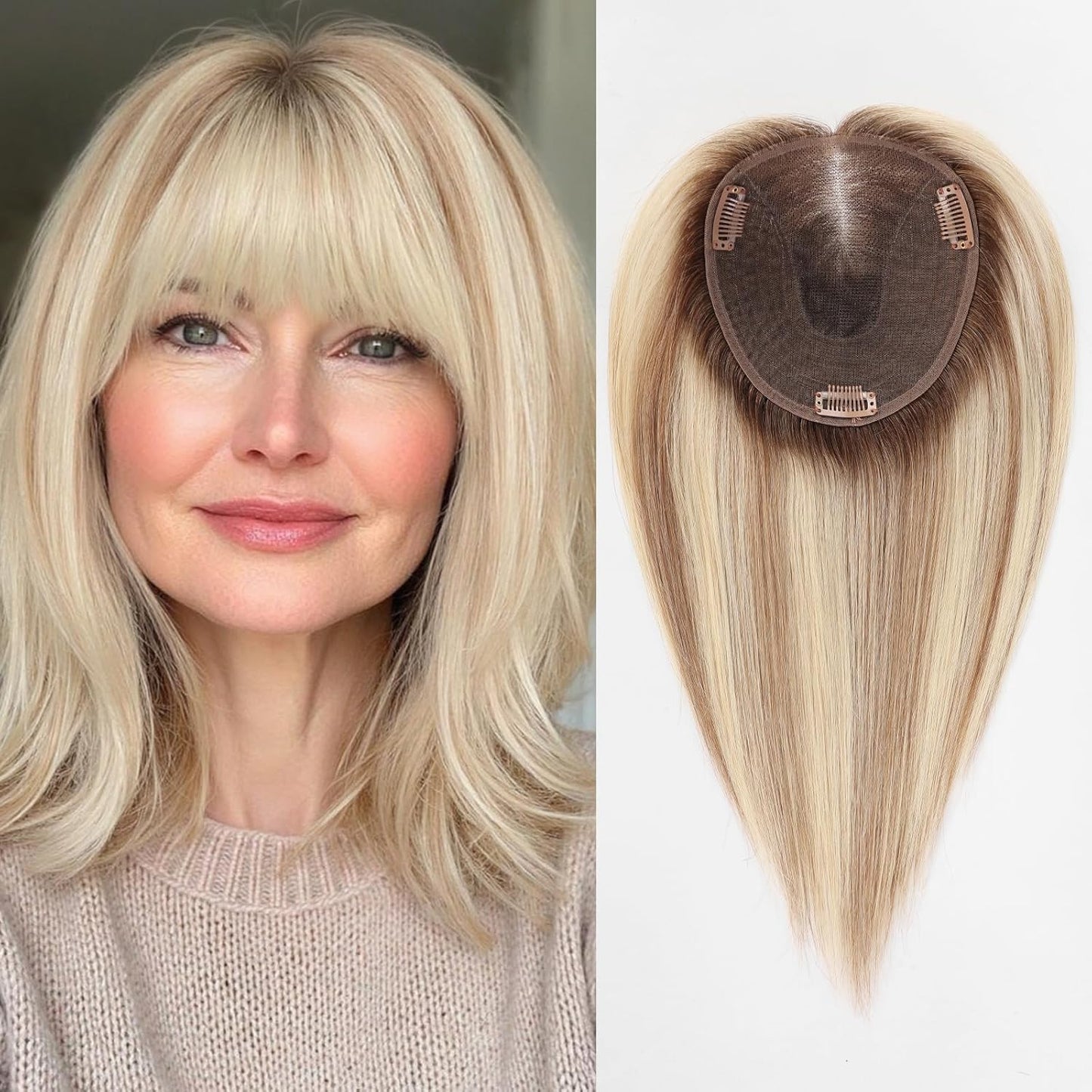 Real Human Hair Toppers for Women - 14-Inch Mixed Brown with Bangs | 6" x 5" Swiss Lace Base