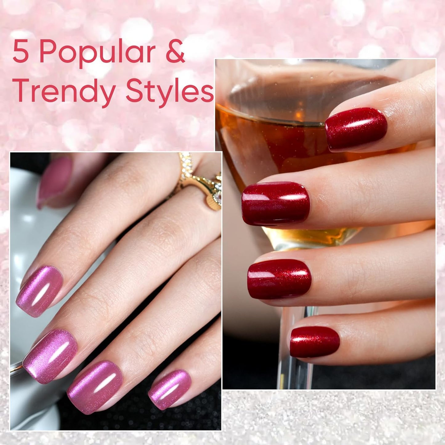Press On Nails - Short 5 Styles | 160Pcs Acrylic Fake Nails with Chrome, Rainbow & Cat Eye Designs