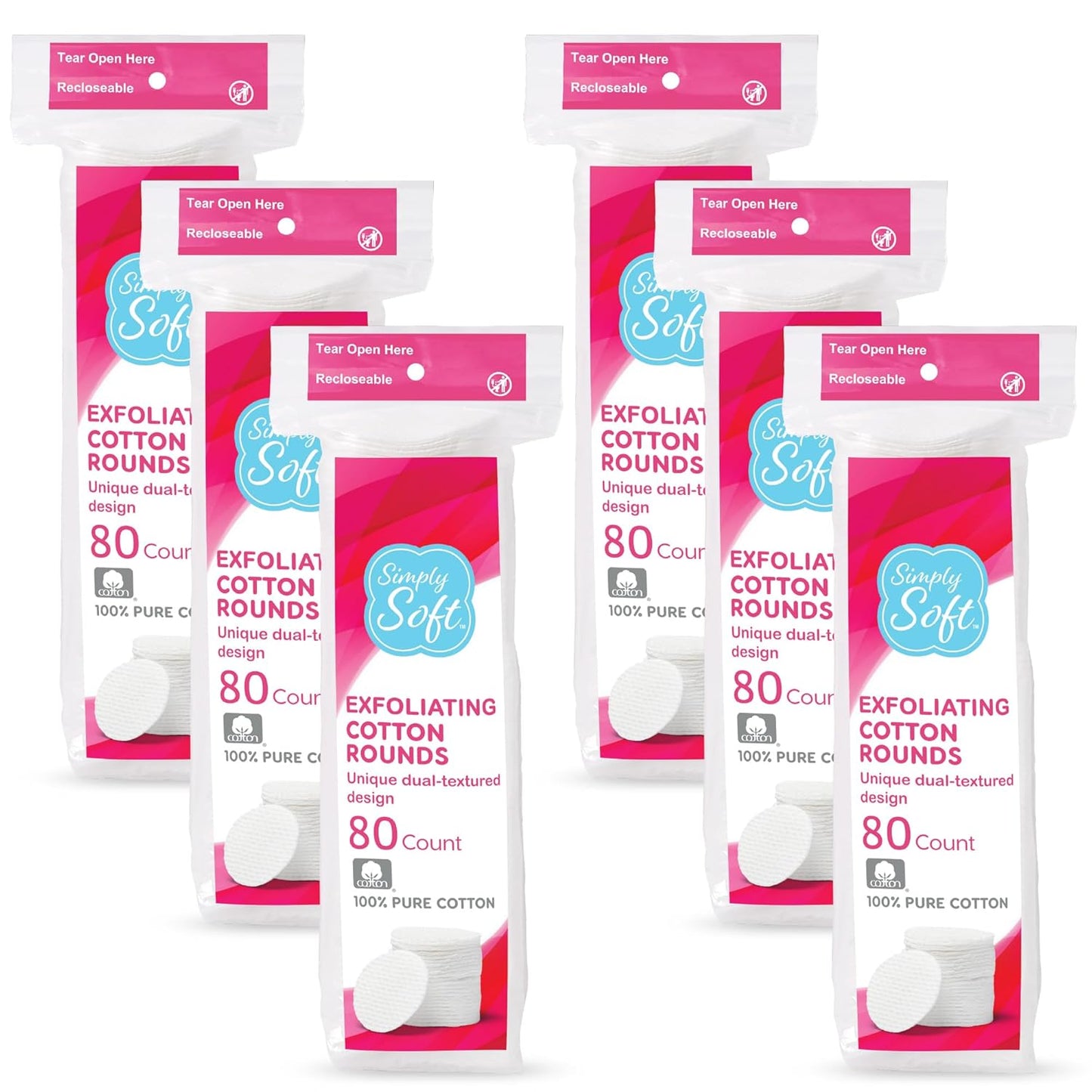 Hypoallergenic Exfoliating Cotton Rounds - Dual Textured Pads | 80 Count (Pack of 6)