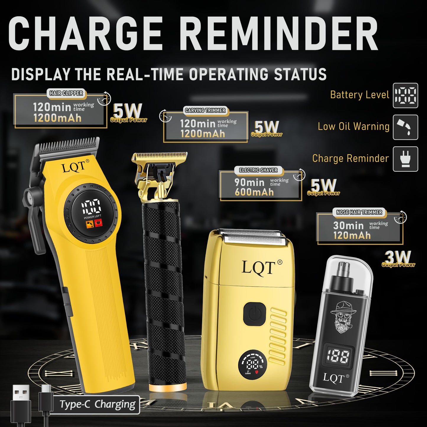 LQT Professional Hair Clippers for Men, Cordless Hair Clipper and Trimmers Set with Electric Dual Foil Shaver & Nose Trimmer,LED Display,All-in-One Grooming Kit for Home,Barber & Travel, Gifts for Men