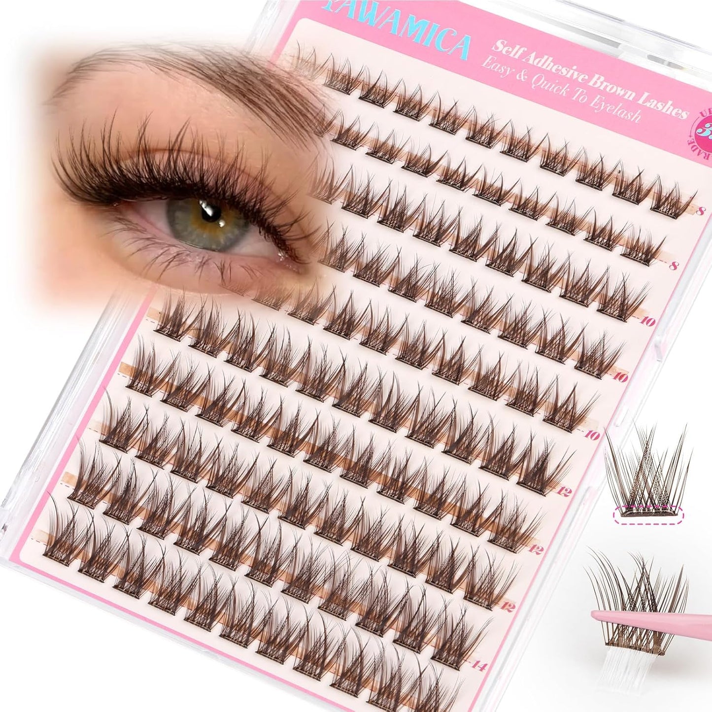 Self-Adhesive Brown Lash Clusters - No Glue Needed, Reusable 8-14mm Wispy Individual Lashes | C Curl DIY Extensions