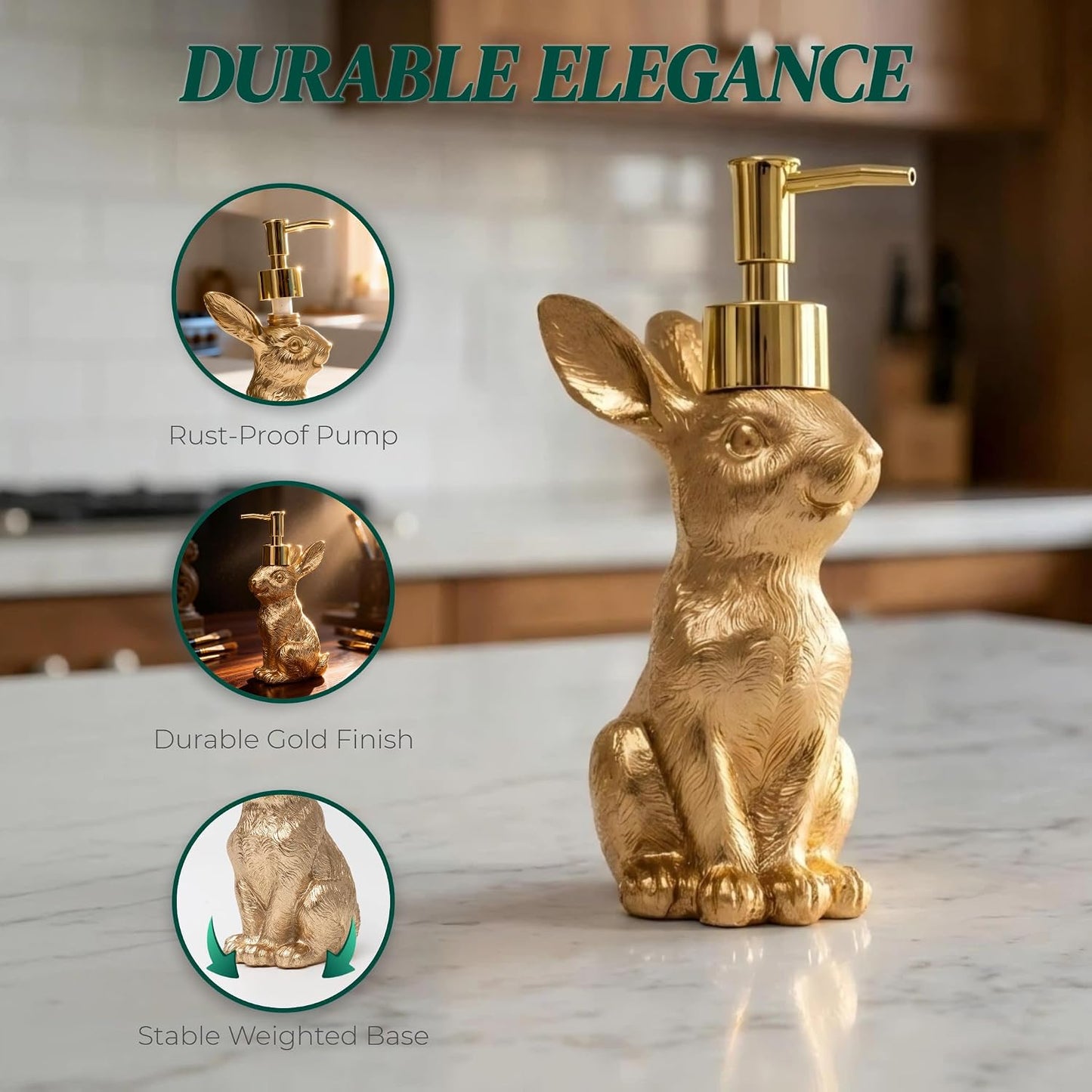Gold Bunny Soap Dispenser Set - Vintage Rabbit Hand & Dish Soap Dispensers for Kitchen & Bathroom | 8oz Rust-Proof Resin Statues
