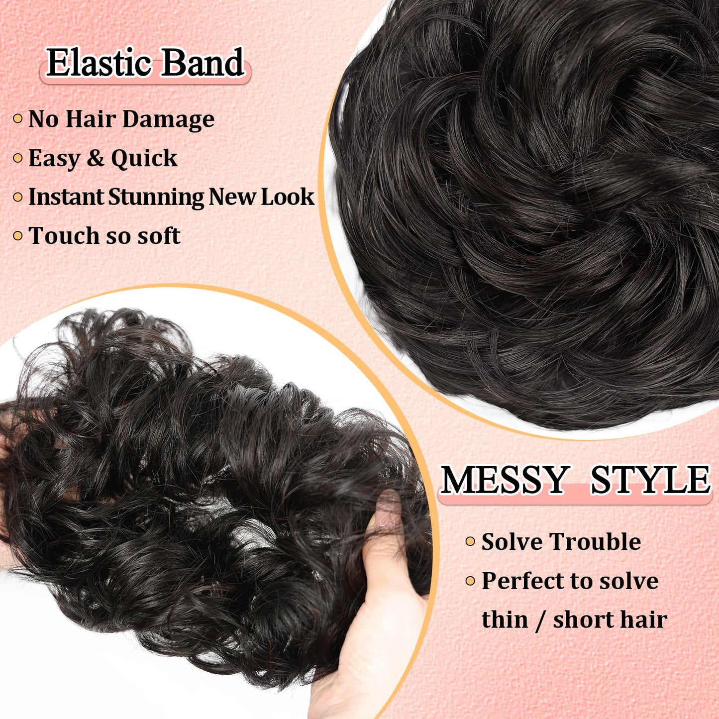 RONTAYA Messy Bun Hair Piece Real Human Hair Buns Elastic Thick Soft Fluffy Donut Updo Ponytail Extensions Chignons Hairpieces for Women Natural Black