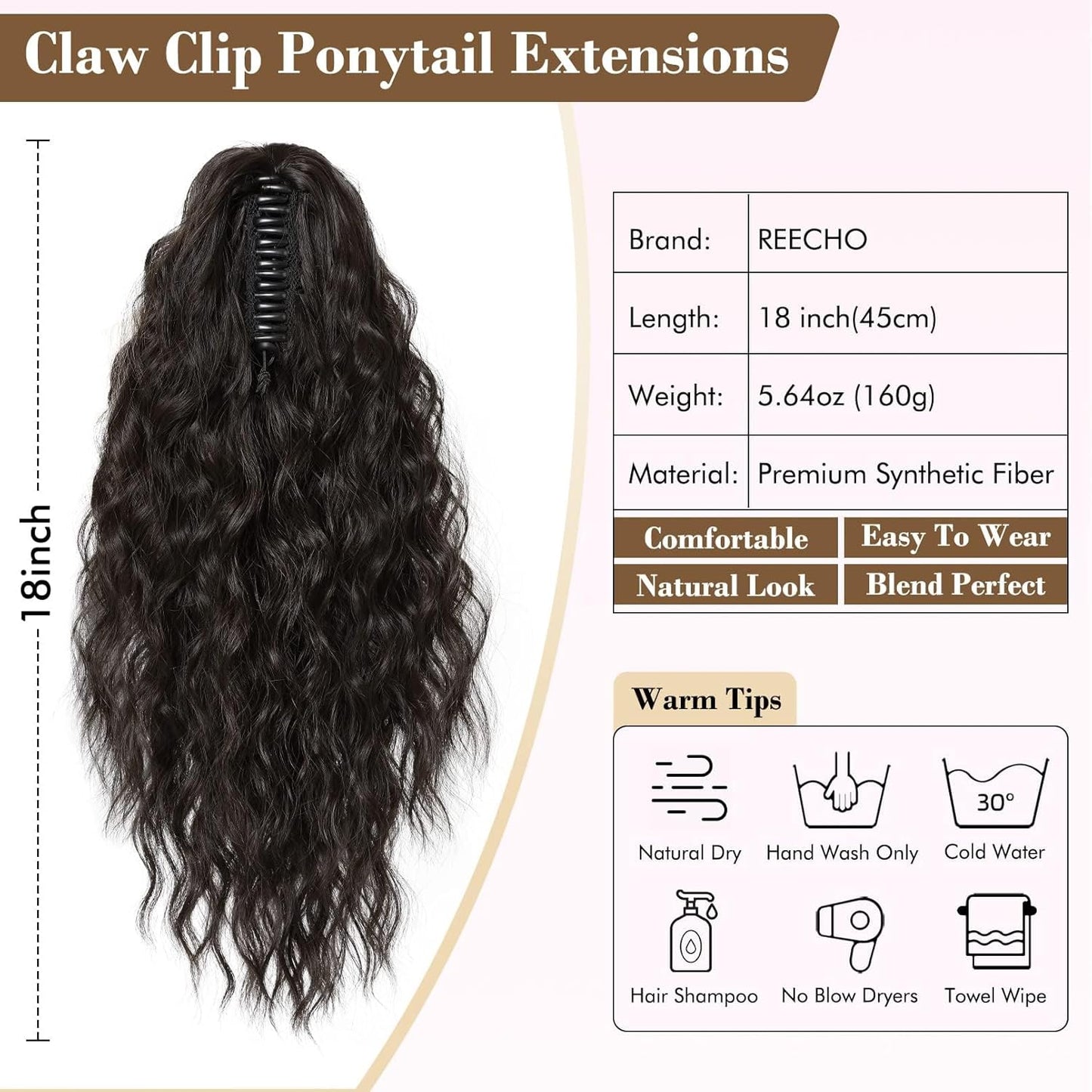 REECHO Ponytail Extension - 18 Inch Curly Claw Clip-In Hairpiece for Women | Natural Synthetic Hair - Black Brown