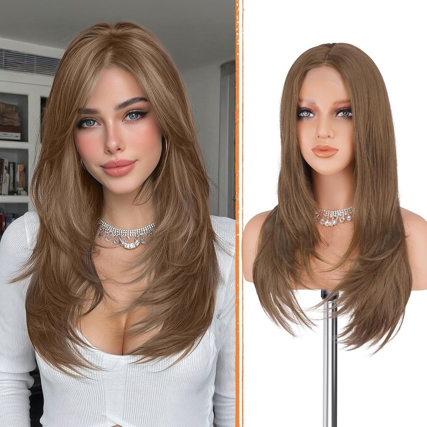 Blonde Wig with Curtain Bangs - Lace Front Long Layered Synthetic Hair for Women | 24 Inch Natural Look