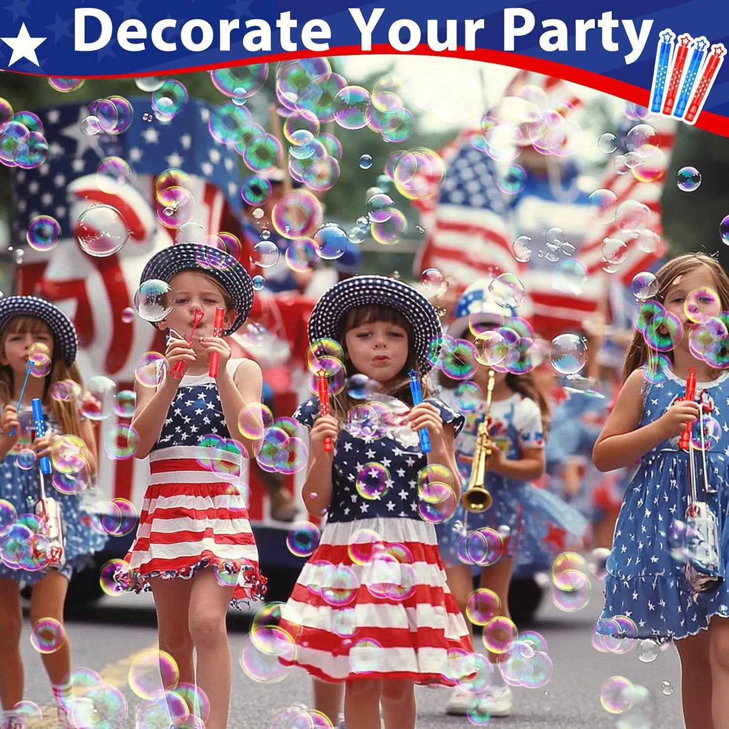 4th of July Party Favors - 100 Mini Bubble Wands | Patriotic Red, White & Blue Bubbles for Kids' Birthday Celebrations
