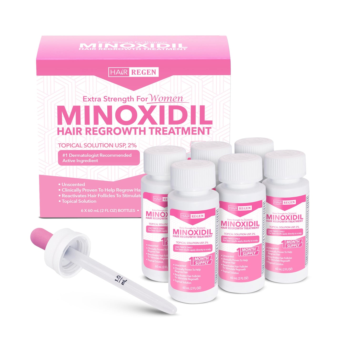 Hair Regen Liquid Minoxidil Women 2% Percent - Extra Strength Advanced Topical Solution for Regrowth Serum Drops - Clinically Proven Growth Treatment for Hers Hair Loss 6 Pack as 6 Months Supply Kit