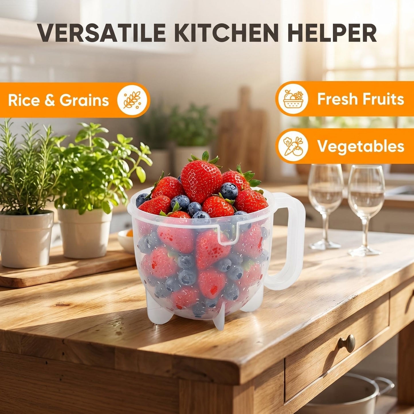 Rice Washer Strainer Bowl with Handle - Plastic Grain & Vegetable Washing Bowl, Perfect for Rice Washing Bowl Needs and Rice Rinser Strainer Use with Beans, Pasta & Fruits (White)