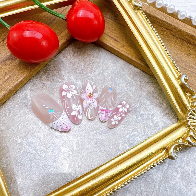 Press On Nails - 24 Pcs Pink French Tip with Pearl Rhinestones | Summer Beach Acrylic Floral Design