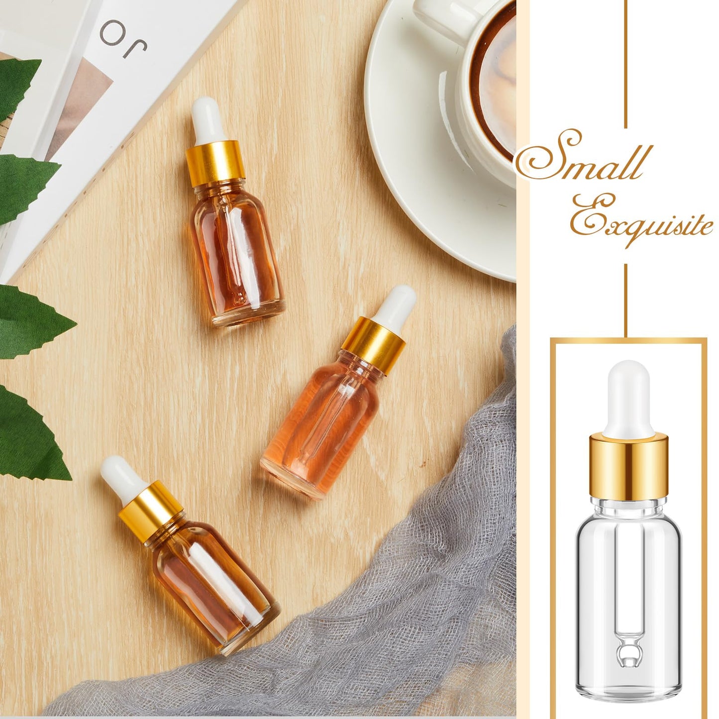 Didaey 100 Pcs 1/2/3/5/10/15 ml Mini Glass Oil Dropper Bottle Bulk, Clear Essential Small Empty Bottles Sample Containers Perfume Liquid Vials with Cap for Traveling (15 ml,Champagne Gold)