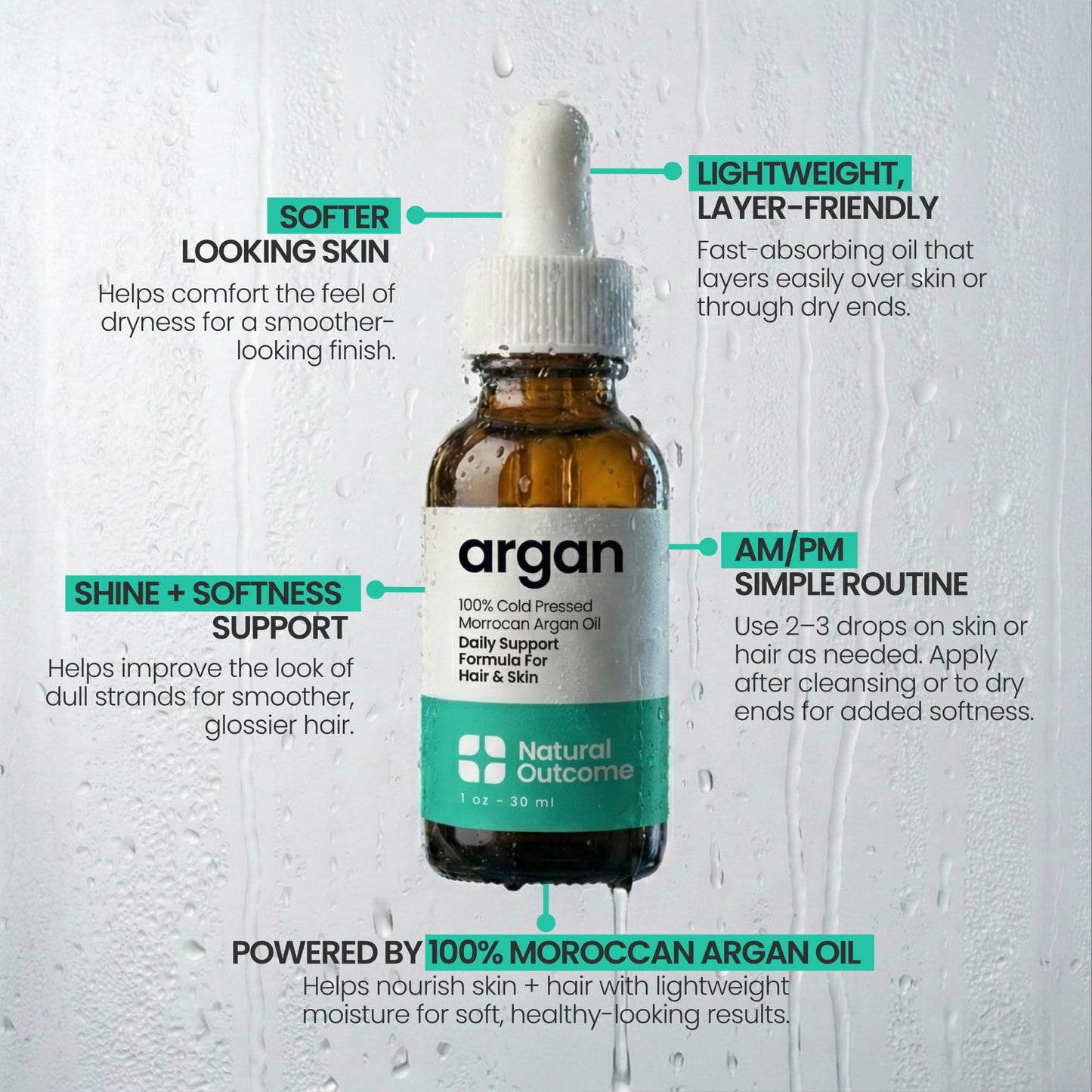 natural outcome Argan Oil 100% Pure Moroccan Cold-Pressed Face, Body and Hair Lightweight Oil for Moisturizing, Hydrating & Skin Nourishment, 1 oz