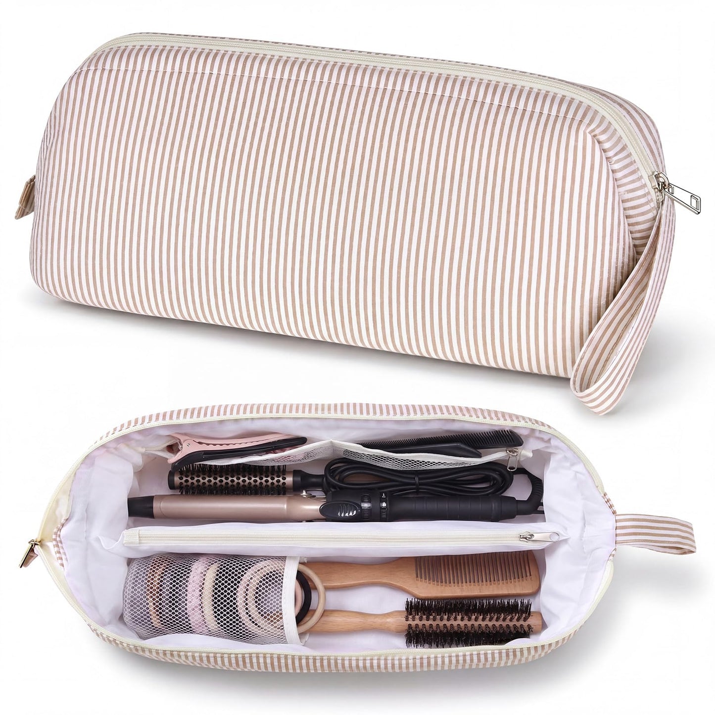 Huhumy Hair Tools Travel Bag with Handle, Large Khaki Striped Seersucker Wide Open Quilted Hot Styling Tool Organizer for Hair Dryer, Curling Irons, Flat Irons, Haircare Accessories Travel Necessities
