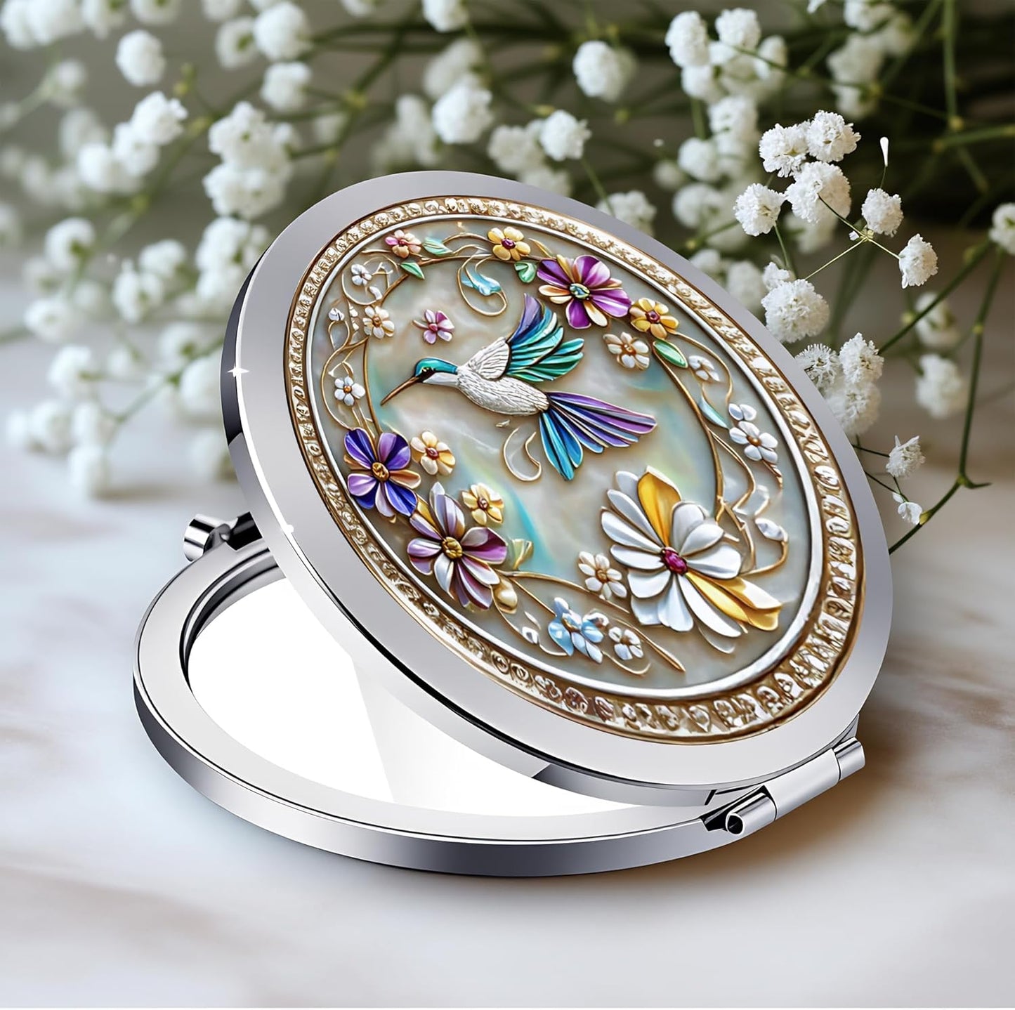 Silver Compact Mirror - Double-Sided Folding Makeup Mirror with Sun Moon Floral Design | 2.8"x2.8" - Perfect Gift for Women
