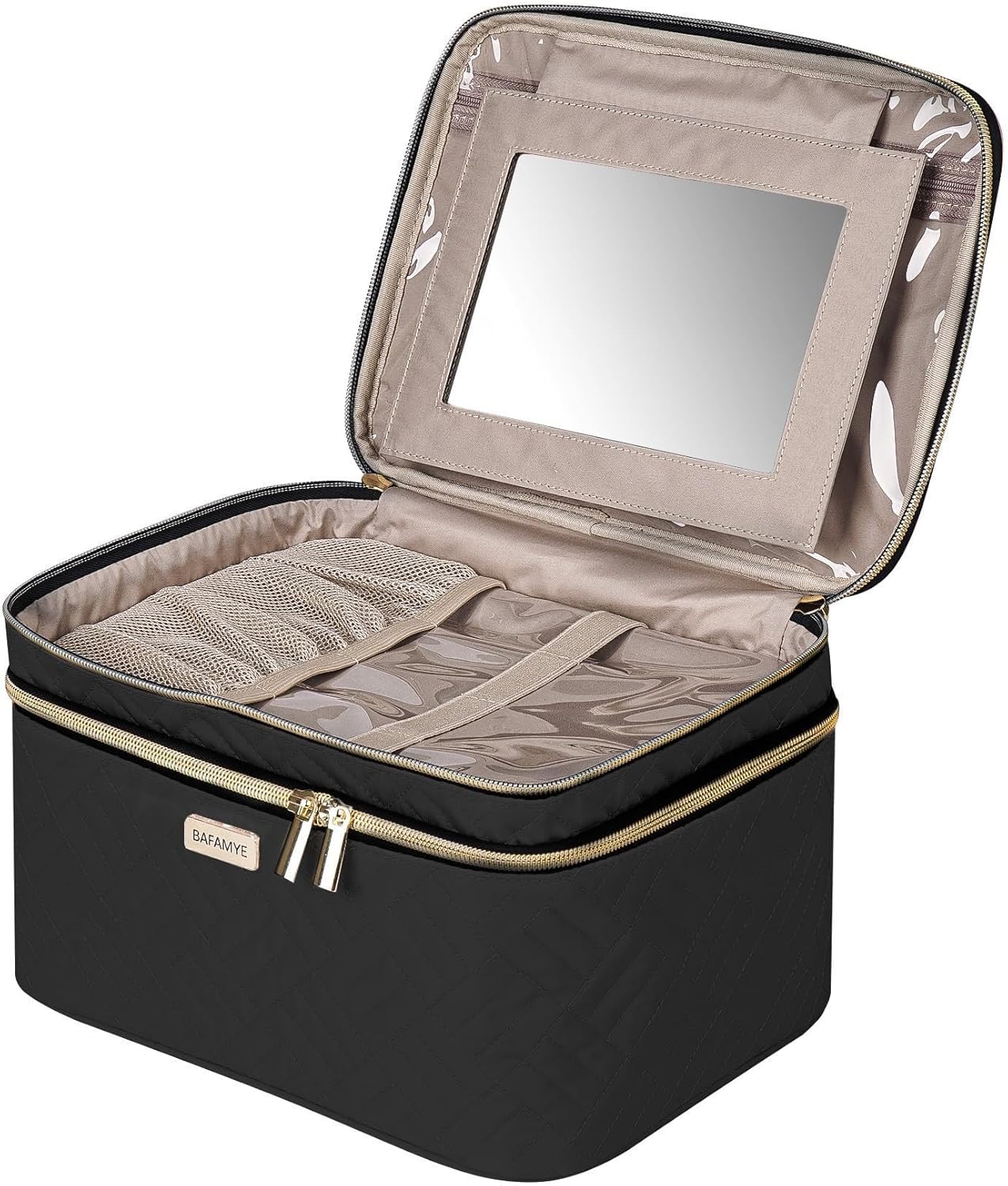 Double Layer Travel Makeup Bag With Mirror - 8.8L Large Cosmetic Organizer for Women | Brown