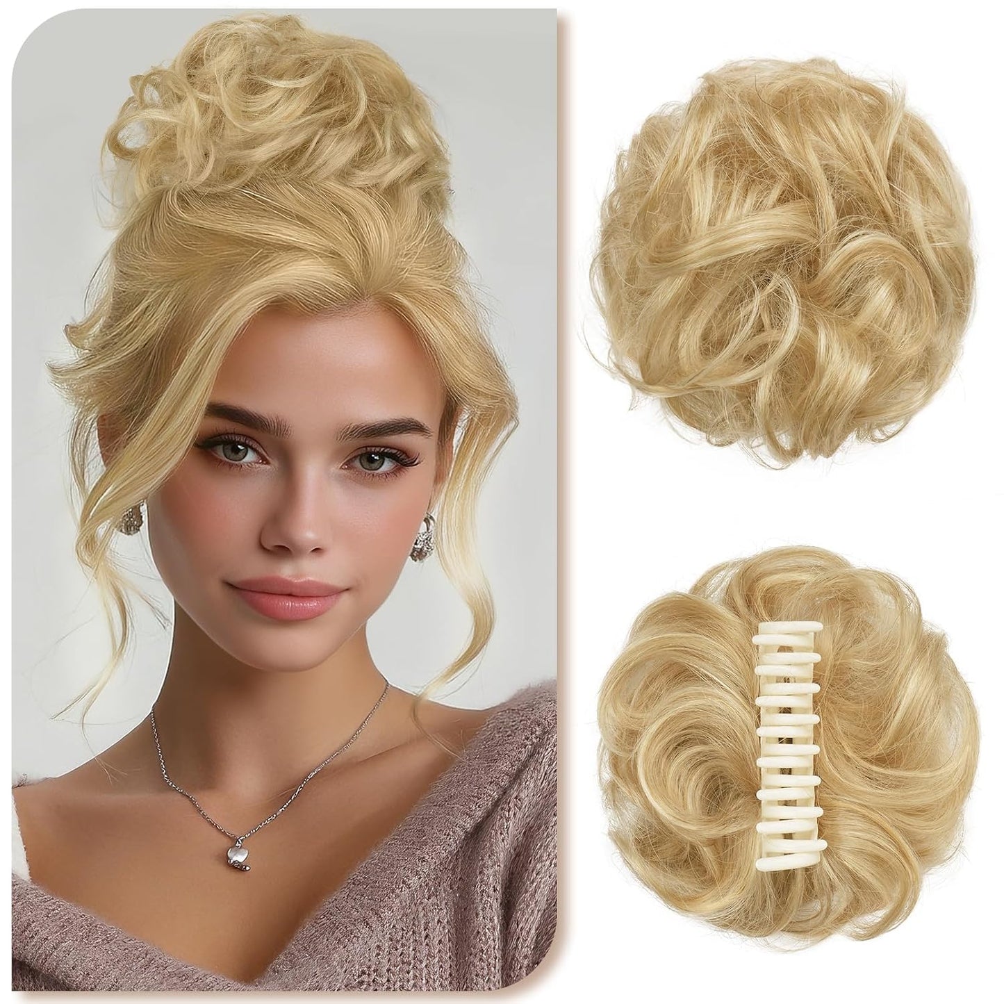 Human Hair Bun Clip | 100% Real Wavy Curly Chignon Hair Piece - Light Brown & Blonde Mix