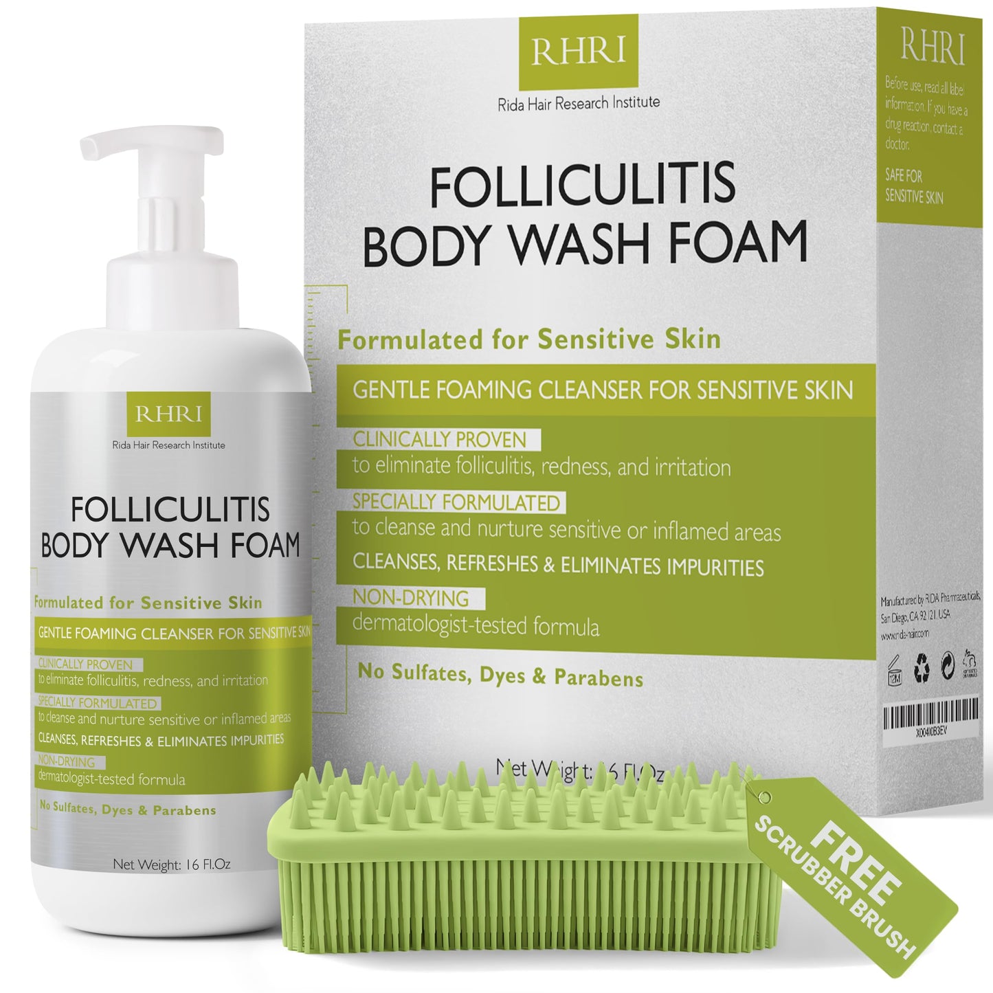 Folliculitis Treatment Folliculitis Body Wash Sensitive Skin | Foaming Cleanser for Redness & Irritation with No Sulfates, Dyes or Parabens | Body Wash Includes Bonus Scrubber Brush