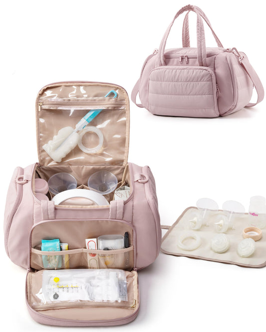 Marscamd Quilted Breast Pump Bag Compatible with Spectra S1 and S2, Pumping Bag with Cooler Compartment and a Drying Mat, Pink