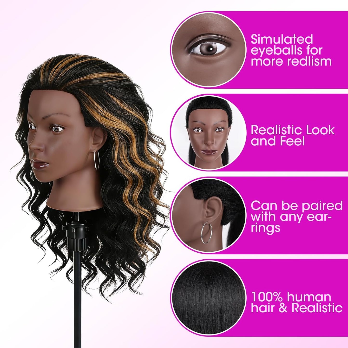 Real Hair Mannequin Head - 22'' Human Hair Cosmetology Training Doll with Clamp Holder & Tools | Black