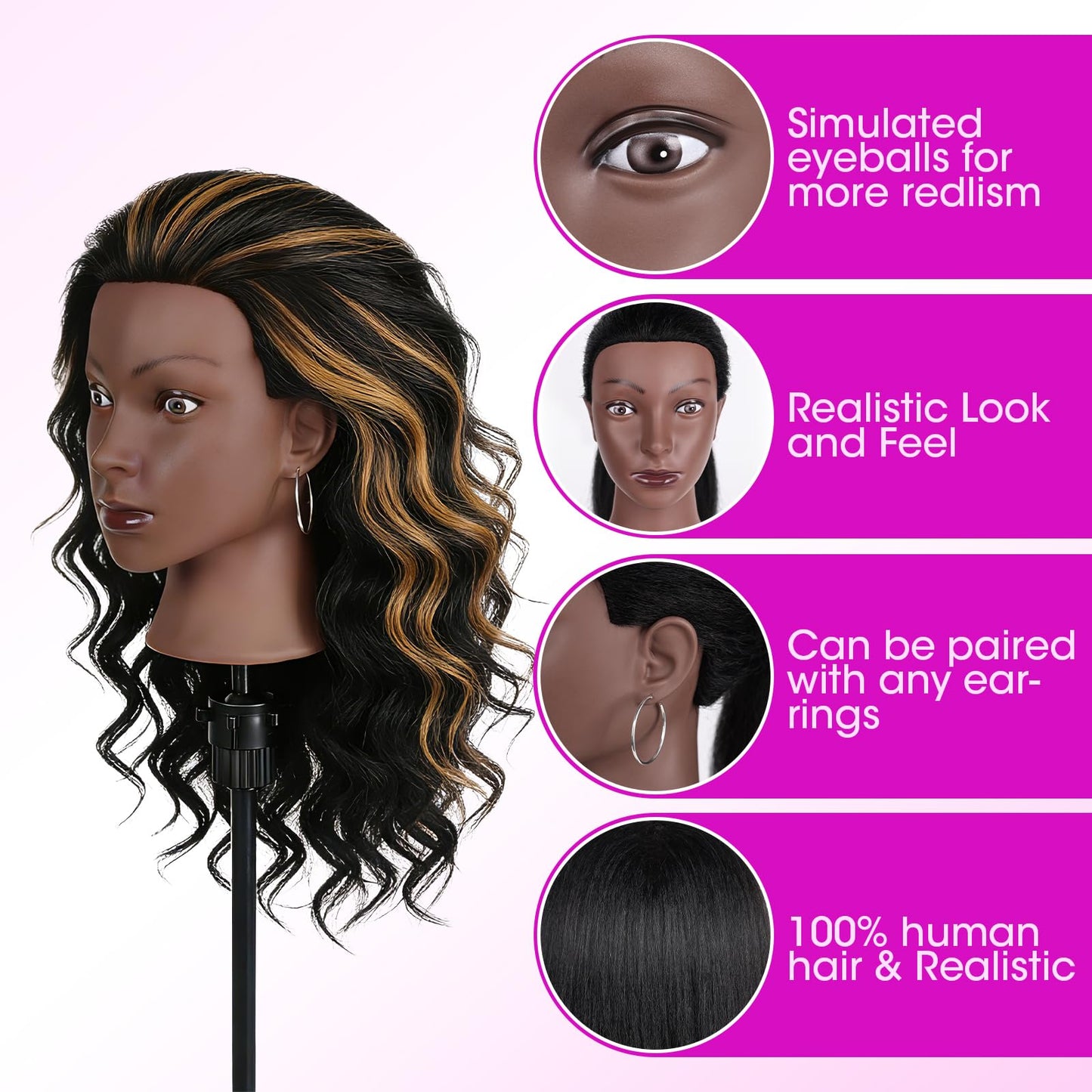 100% Real Hair Mannequin Head,22''Human Hair Mannequin Cosmetology Manikin Doll Head Hair Styling Hairdressing Practice Training Head with Clamp Holder and Tools（Black）