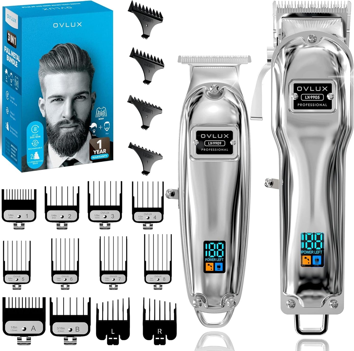 Professional Cordless Hair Clippers for Men - Rechargeable Full Metal Beard Trimmer | Ideal Gift for Dad - Silver