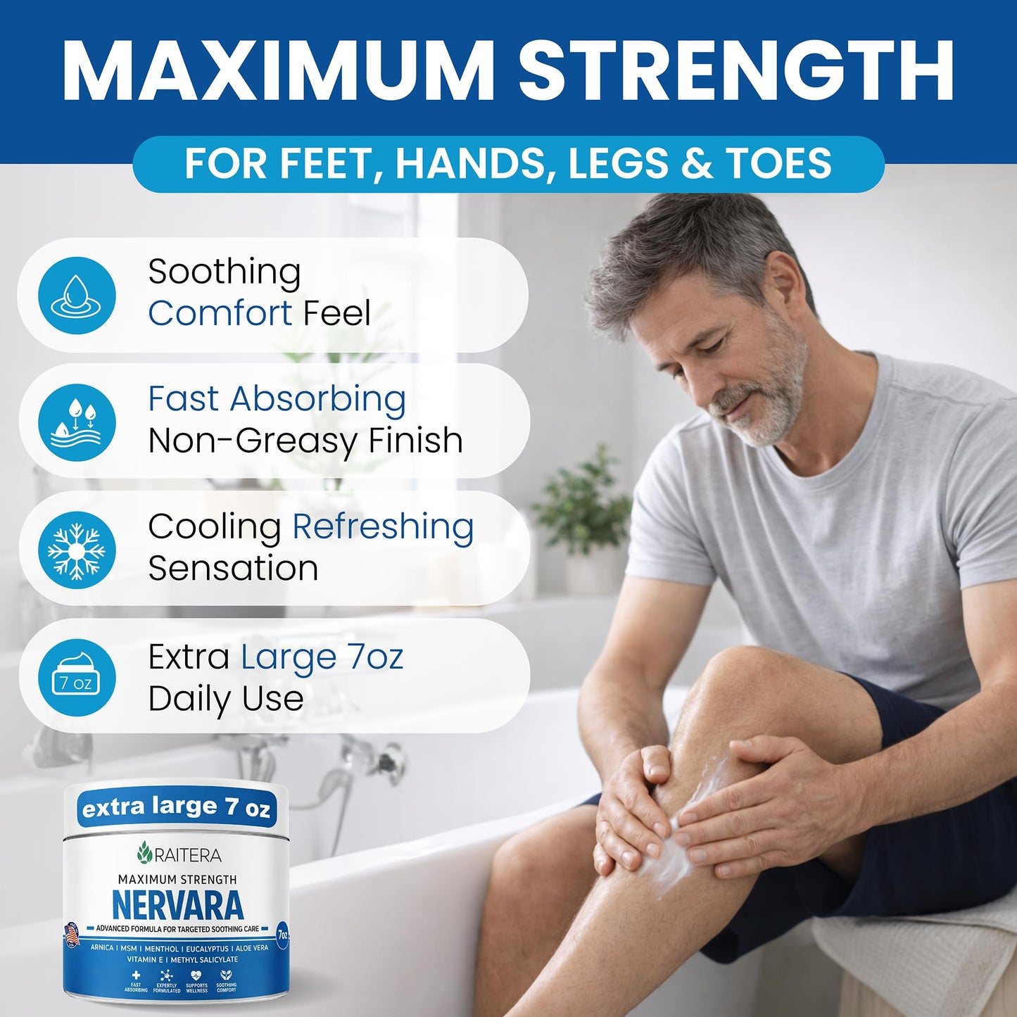Raitera Neuropathy Nerve Cream – Maximum Strength for Feet, Hands, Legs, Toes – Advanced Cooling Non-Greasy Fast Absorbing Formula - Natural Ingredients Frankincense, Arnica, Aloe Vera, Turmeric, MSM