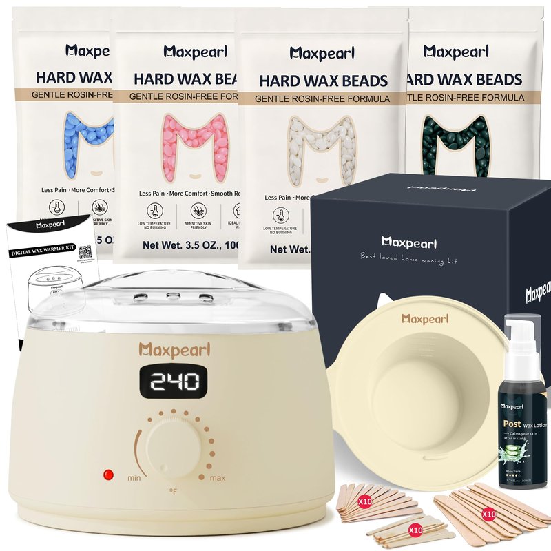 Maxpearl Rosin-Free Waxing Kit for Women Men - Sensitive Skin Friendly, Digital Wax Warmer with Silicone Pot, At Home Hair Removal Kit for Eyebrows, Brazilian, Underarms, Bikini & Full Body